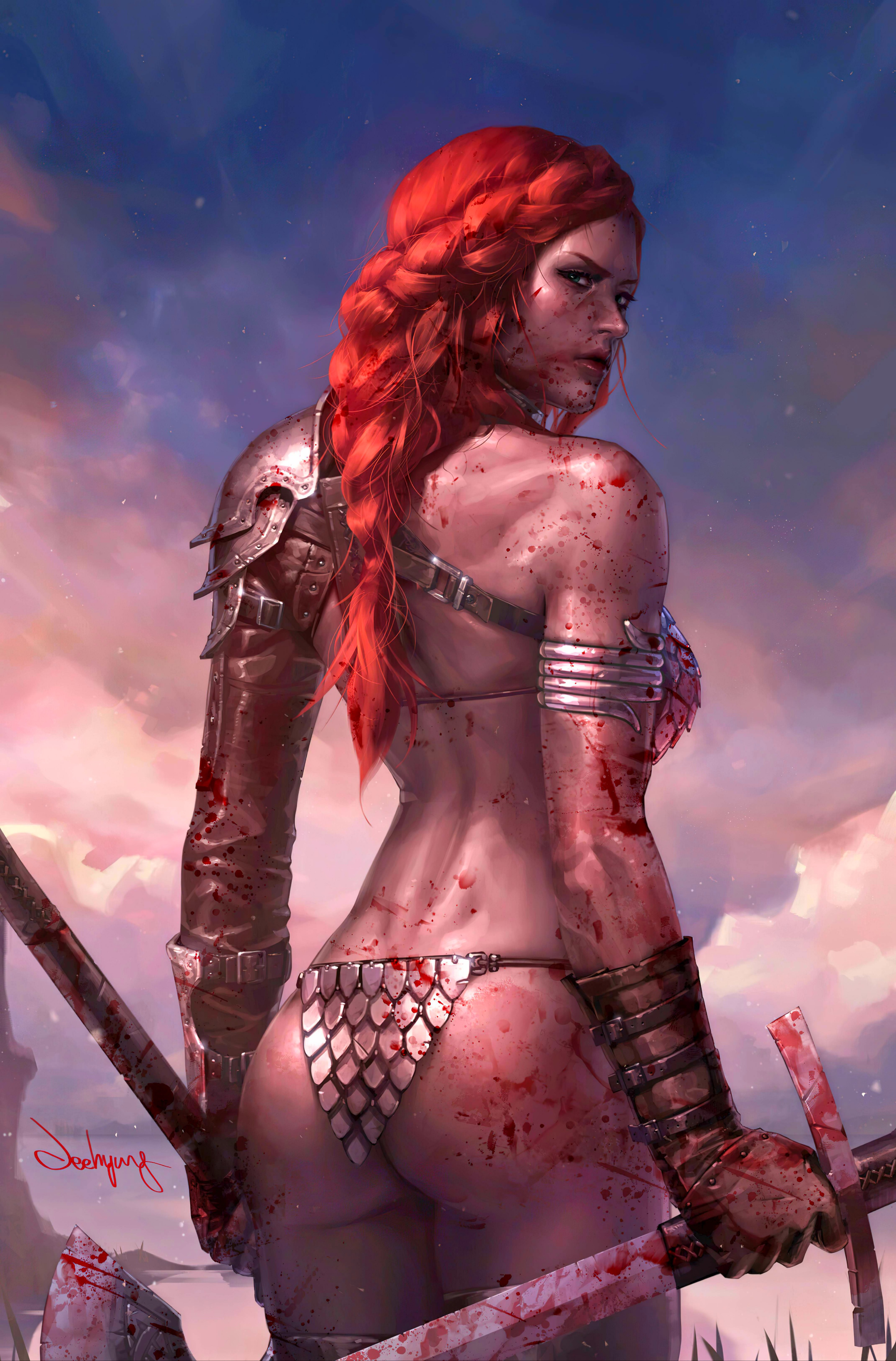 amazon, battle axe, bikini armor, exposed butt, green eyes, leather gloves, marvel, marvel comics, red hair, red sonja, seductive, sword