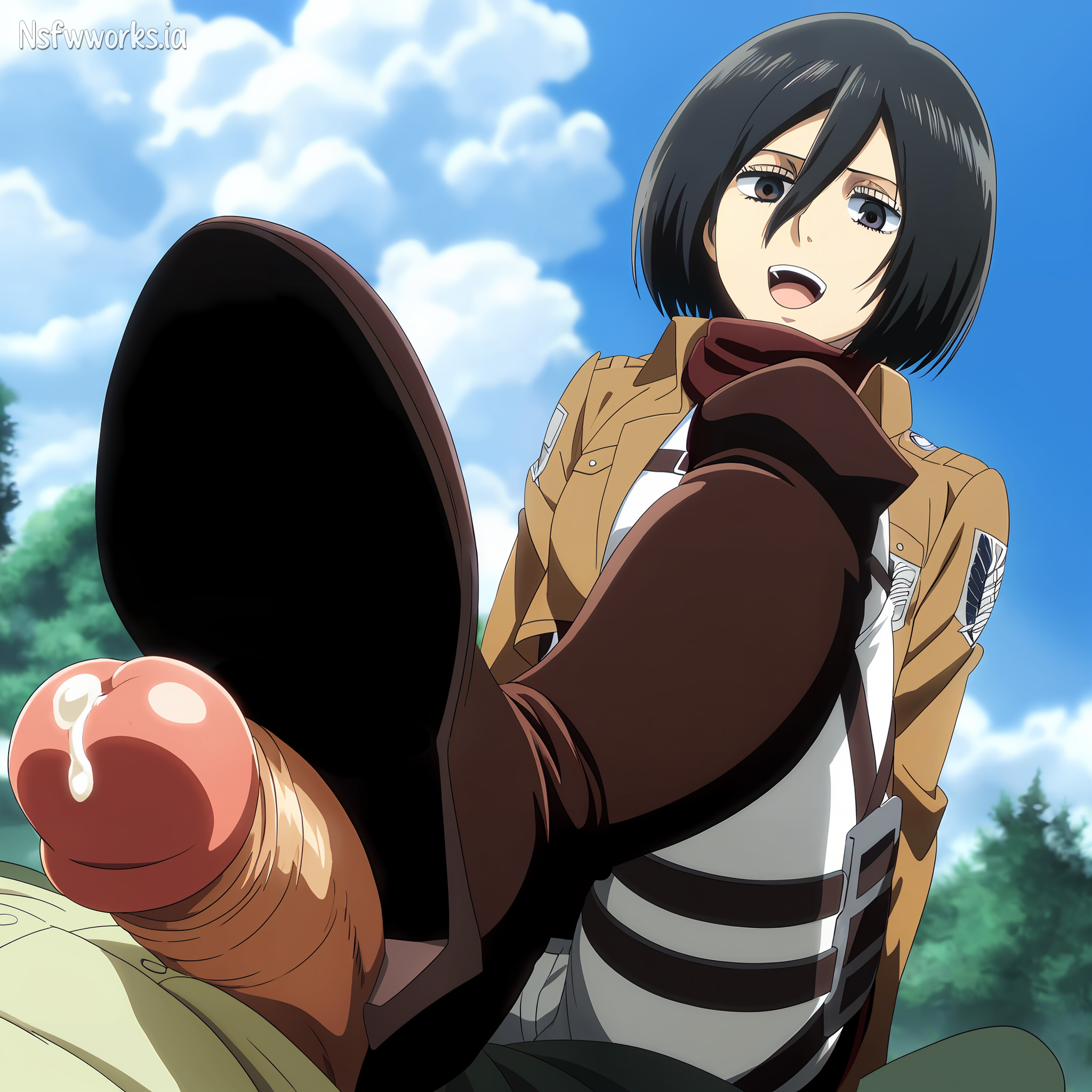 1boy, 1girls, ai generated, anime style, attack on titan, black hair, boot fetish, bootjob, boots, breasts, clothed, clothing, cum, ejaculation, erection, female, femdom, forest, high heel boots, high heels, male, mikasa ackerman, nsfwworks.ia, open mouth, outdoors, outside, penis, pose, scarf, shingeki no kyojin, shoe fetish, shoejob, short hair, smile, stepped on, stepping on penis, sweat, thigh boots, thighhigh boots, trample