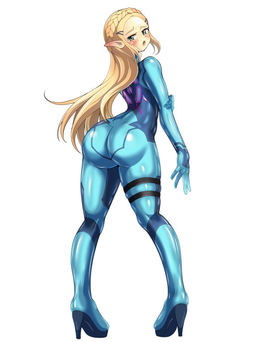 1girls alternate_costume ass bangs big_ass blonde_hair blush bodysuit breath_of_the_wild bubble_butt cosplay demigoddess embarrassed female_only full_body gem gloves hairclip high_heels huge_ass hylian impossible_clothes jewelry long_hair looking_at_viewer looking_back metroid nintendo pointy_ears princess_zelda samus_aran_(cosplay) shoukin500 sidelocks solo the_legend_of_zelda thick_thighs thighhighs thighs zelda_(breath_of_the_wild) zero_suit