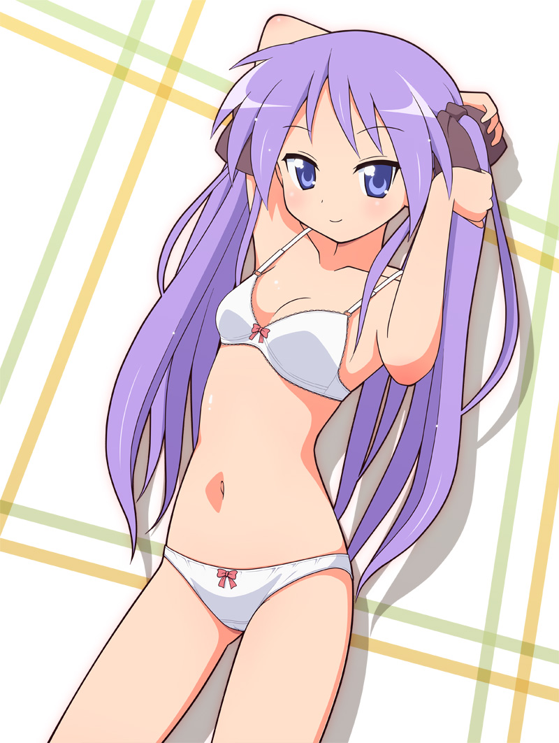 1girls, alluring, blue eyes, cowboy shot, female, kagami hiiragi, lavender hair, lucky star, mel (melty pot), smiling at viewer, tagme, twintails, underwear, underwear only
