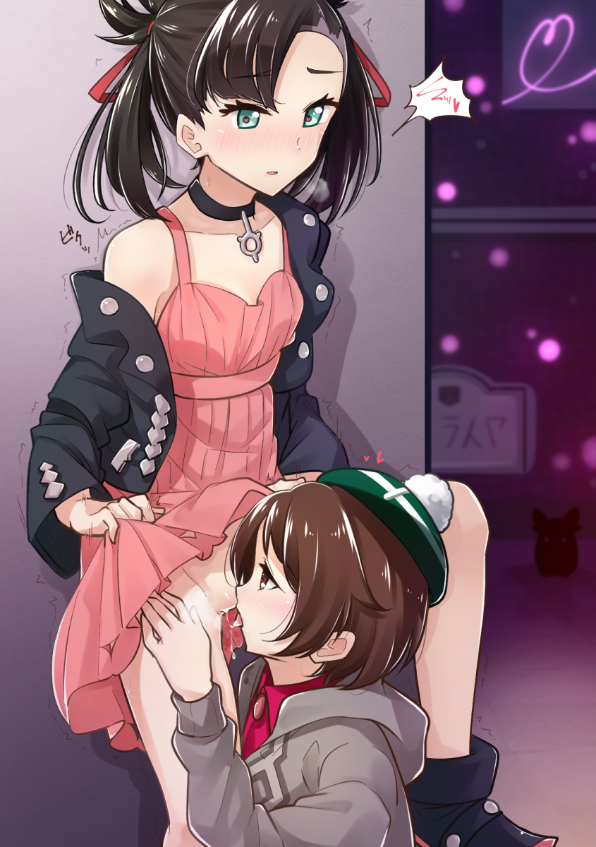 2girls against_wall being_watched black_jacket blush bottomless_skirt brown_eyes brown_hair choker city cunnilingus dress dress_lift drooling female female_only flat_chest gesoten_oec gloria_(pokemon) green_headwear grey_cardigan hat heart heart-shaped_pupils highres human human_only jacket japanese_text leg_up looking_at_viewer marnie_(pokemon) motion_lines multiple_girls nintendo no_panties off_shoulder oral pink_dress pokemon pokemon_ss public pussy pussy_juice saliva shirt shoes short_hair sign skirt skirt_lift sweater symbol-shaped_pupils tam_o'_shanter tongue tongue_out trembling wet wide_hips yuri