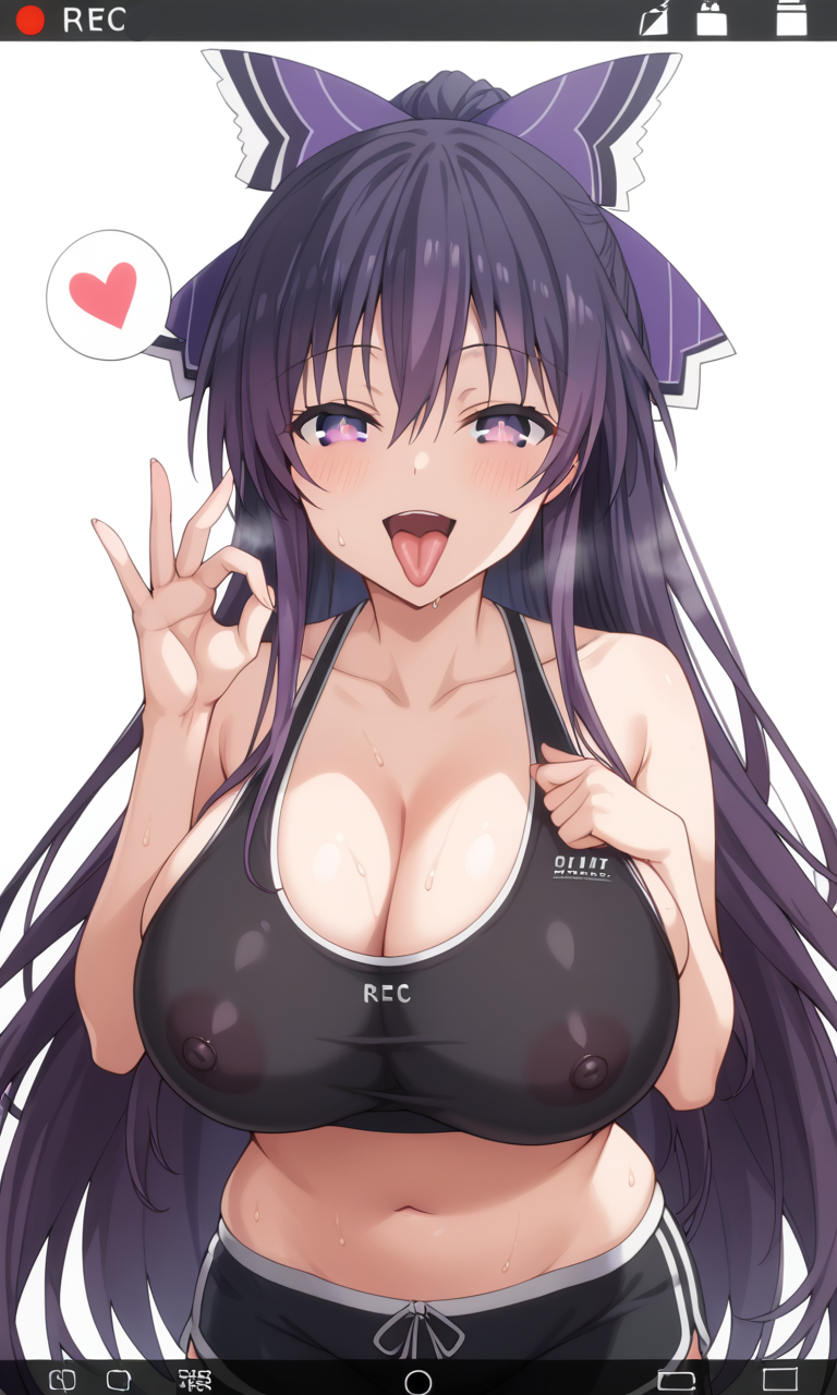 1girls ai_generated big_breasts breasts date_a_live female female_focus female_only large_breasts looking_at_viewer looking_pleasured nipples nipples_visible_through_clothing open_mouth purple_eyes purple_hair sports_bra tongue tongue_out yatogami_tenka yatogami_tohka