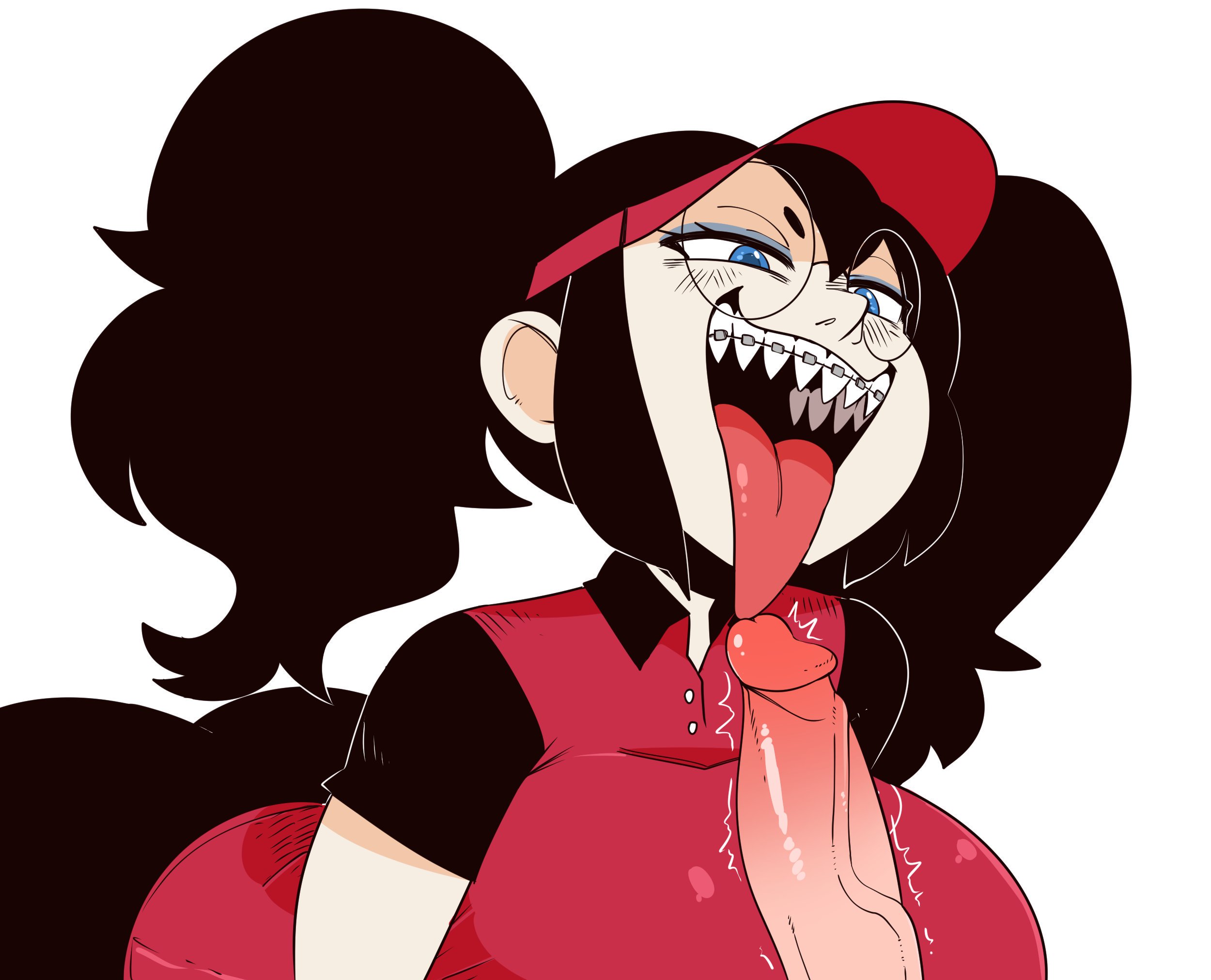 1boy, 1girls, 2d, black hair, blush, braces, clothing, cock, dick, female, glasses, licking penis, male, nuclearwasabi, oral, penis, pizza thot, pointy teeth, sharp teeth, simple background, tips (gats)