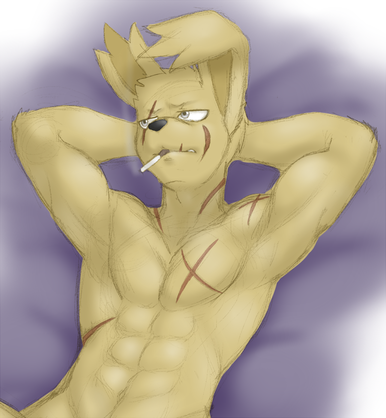 abs anthro anthro_male anthro_only five_nights_at_freddy's fnaf laying_on_bed male_only muscular ripped_ear scars smoking solo solo_male springtrap springtrap_(fnaf) unknown_artist william_afton