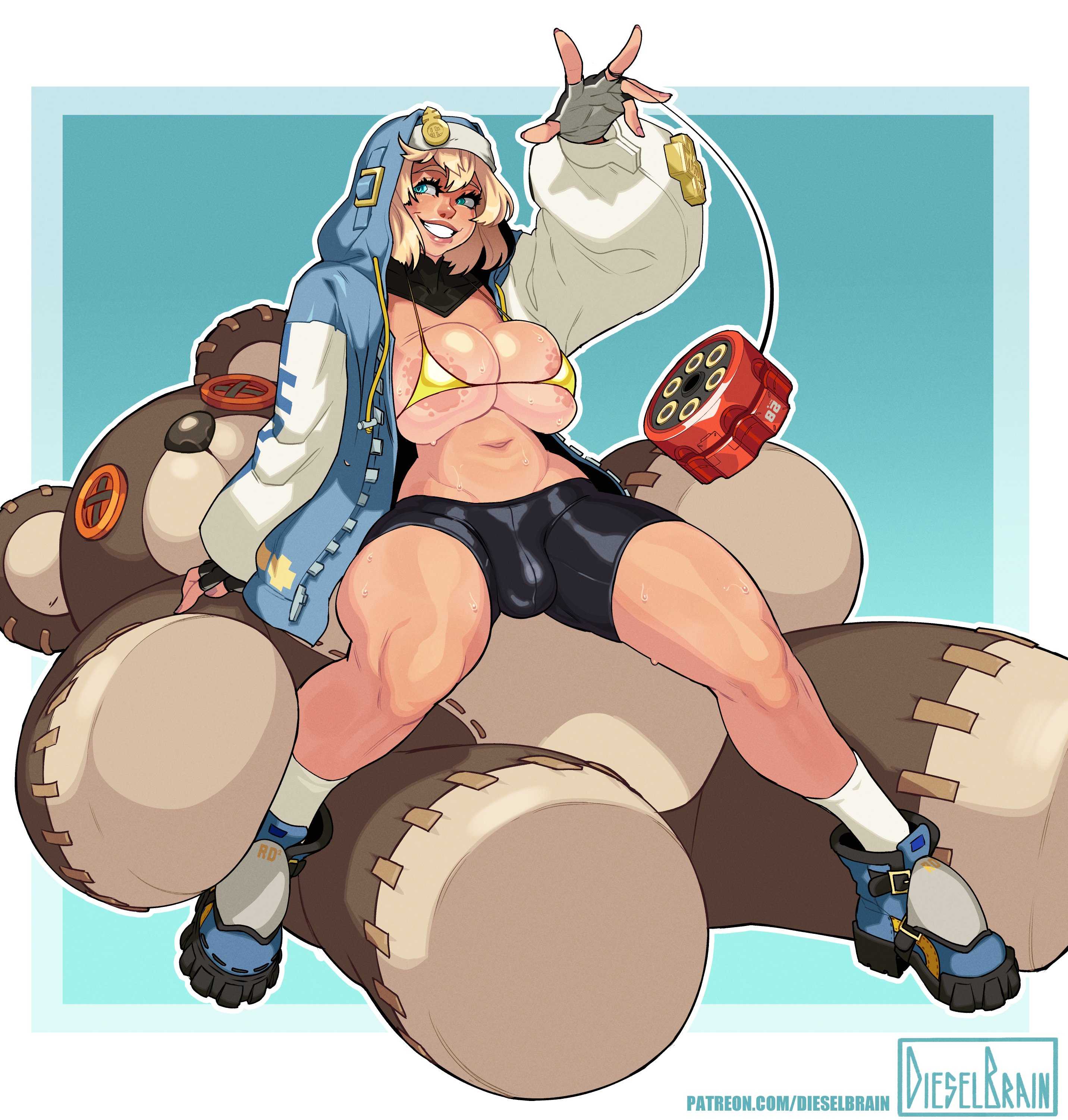 1futa, 1girls, alternate breast size, alternate version available, big breasts, blonde hair, blue eyes, breasts, bridget, bulge, dieselbrain, female, futa only, futanari, guilty gear, guilty gear strive, intersex, large breasts, looking at viewer, pale skin, pale-skinned futa, short hair, teddy bear