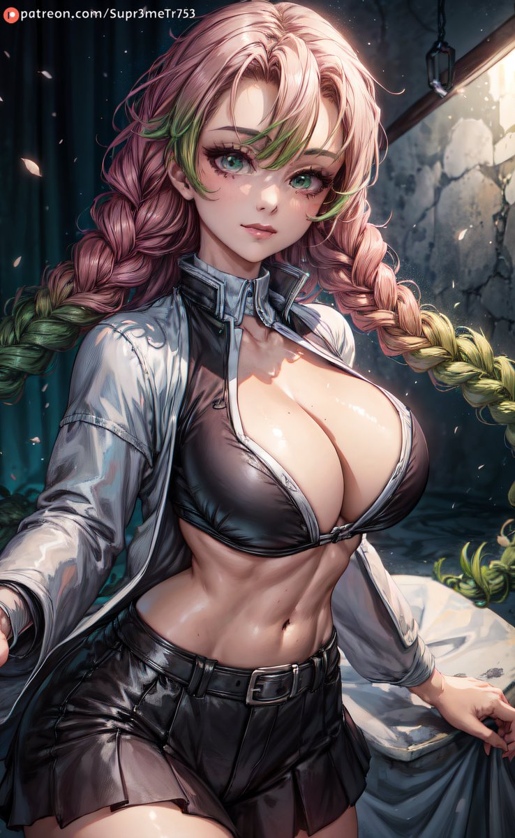 ai_generated big_breasts big_butt braid braided_hair braided_ponytail breasts cleavage coat demon_slayer exposed female female_only fit fit_female green_eyes hourglass_figure kanroji_mitsuri kimetsu_no_yaiba long_hair looking_at_viewer looking_back midriff multicolored_hair pink_hair skirt small_waist solo solo_female striped_legwear supr3metr tight_clothing tight_fit wide_hips