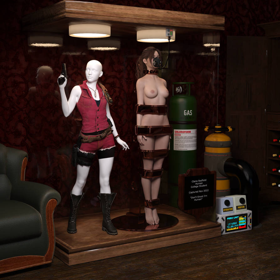 1girls 3d arms_at_sides asleep barefoot bound bound_arms bound_legs bound_neck breasts captured captured_heroine chloroform claire_redfield clothes_removed completely_nude completely_nude_female defeated defeated_heroine display display_case drugged english_text eyes_closed feet forniphilia gas_mask helpless helpless_female human_furniture human_trophy immobile indoors legs_together living_statue living_trophy mannequin name_tag nipples nude nude_female oldmanjaay overhead_light permanent_bondage plaque pussy_obscured resident_evil sign solo_female stasis_chamber stationary_restraints stripped stripped_naked suspension suspension_bondage trophy_case unconscious