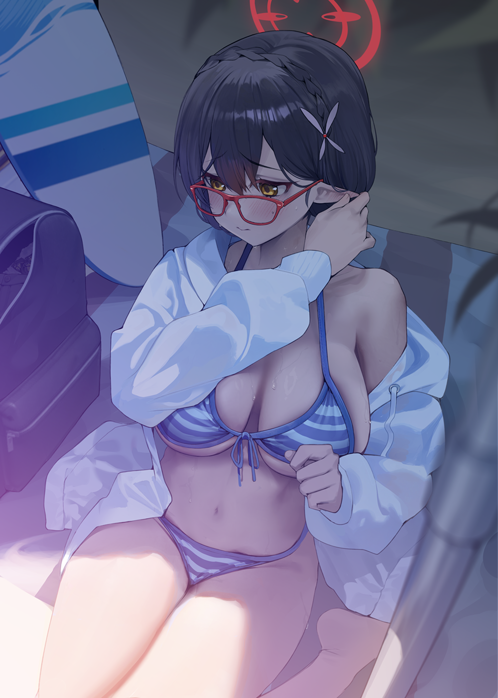 abydos_high_school_student ayane_(blue_archive) backpack beach bikini blue_archive closed_mouth fixing_hair foreclosure_task_force_(blue_archive) huge_breasts shade shadow shy sitting surfboard swimsuit wariza