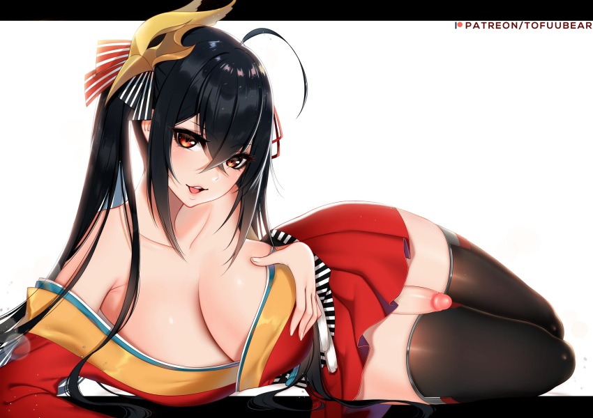 1futa, ahoge, azur lane, bangs, big breasts, black hair, black legwear, blush, breasts, clothes, futa only, futanari, intersex, looking at viewer, lying, red eyes, skirt, solo, taihou (azur lane), thighhighs, thighs, tofuubear