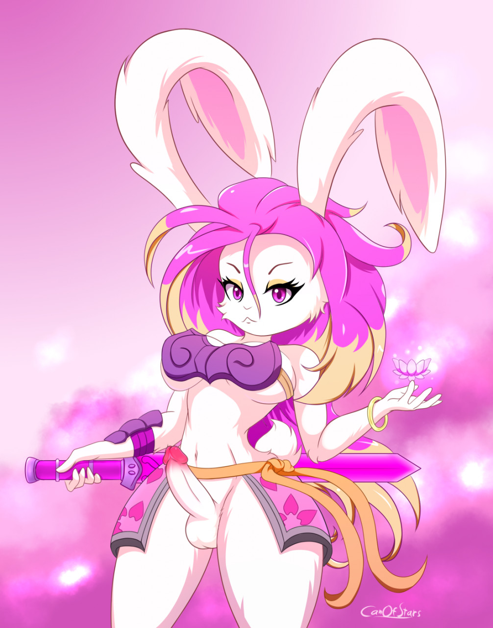 anthro breasts canofstars female fur genitals gunfire_reborn hair hi_res intersex knife lagomorph leporid mammal melee_weapon penis pink_eyes pink_hair rabbit solo sword tao_(gunfire_reborn) weapon white_body white_fur