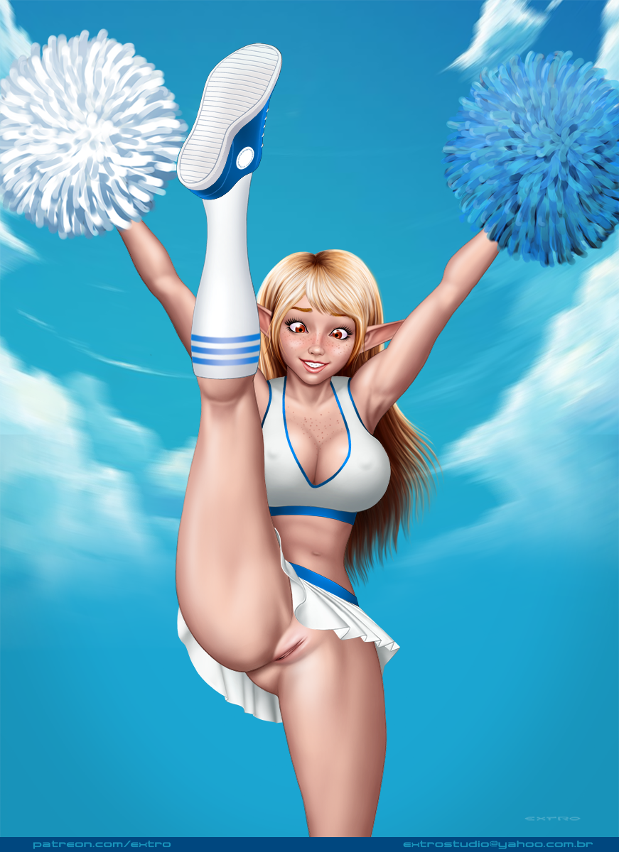 action_pose ass athletic bare_arms bare_midriff bare_shoulders bare_thighs big_breasts blonde_hair bottomless breasts busty cheerleader cheerleader_uniform cleavage crop_top elf erect_nipples exhibitionism extro eyelashes fantasy freckles large_breasts long_hair nipple_bulge pinup pointy_ears pose posing pussy red_eyes skirt sneakers socks tagme tank_top upskirt vagina wide_hips