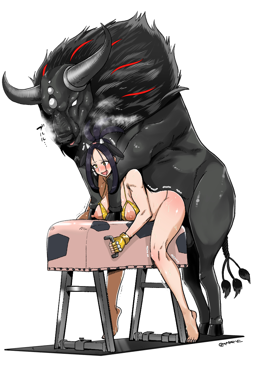 1animal 1girls ambiguous_penetration animal_ears balls bikini blush breasts cleavage dark_hair dendra_(pokemon) female_on_feral female_penetrated feral_on_female from_behind_position gloves huge_breasts interspecies japanese_text leaning_forward light-skinned_female light_skin nintendo nipples open_mouth paldean_tauros pandaranohako pokemon pokemon_(species) pokemon_sv pokephilia sex sweat tauros tied_hair twitter_username white_background yellow_eyes zoophilia