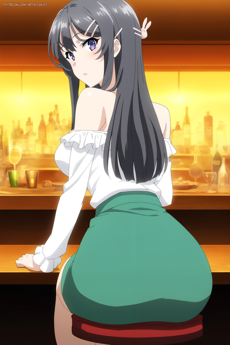 1girls ai_generated artkoikoi ass ass_focus back_view big_ass big_breasts blue_eyes blue_hair blush booty female female_focus koikoi large_ass large_legs long_hair looking_at_viewer looking_back pov sakurajima_mai seishun_buta_yarou_wa_bunny_girl_senpai_no_yume_wo_minai