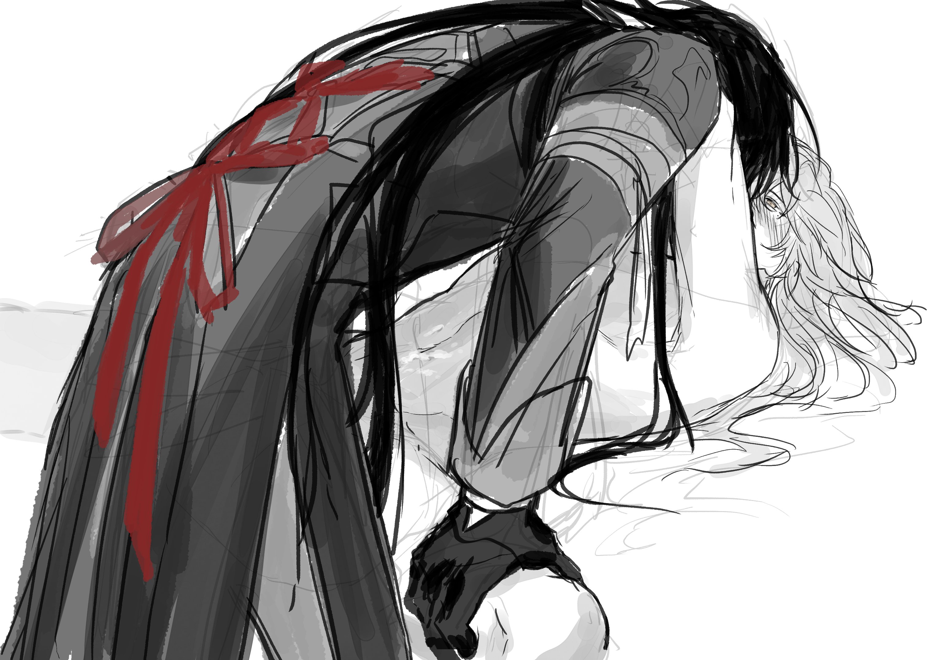 arms around partner, black hair, blade (honkai: star rail), clothed, clothed male, clothed/nude, gay, gay male, gay sex, gloved hand, gloves, grey hair, homosexual, homosexual male, homosexual sex, honkai: star rail, hoyoverse, jing yuan, legs apart, legs held open, legs spread, long hair, male, male only, male/male, messy hair, mole under eye, naked, naked male, yaoi, yellow eyes