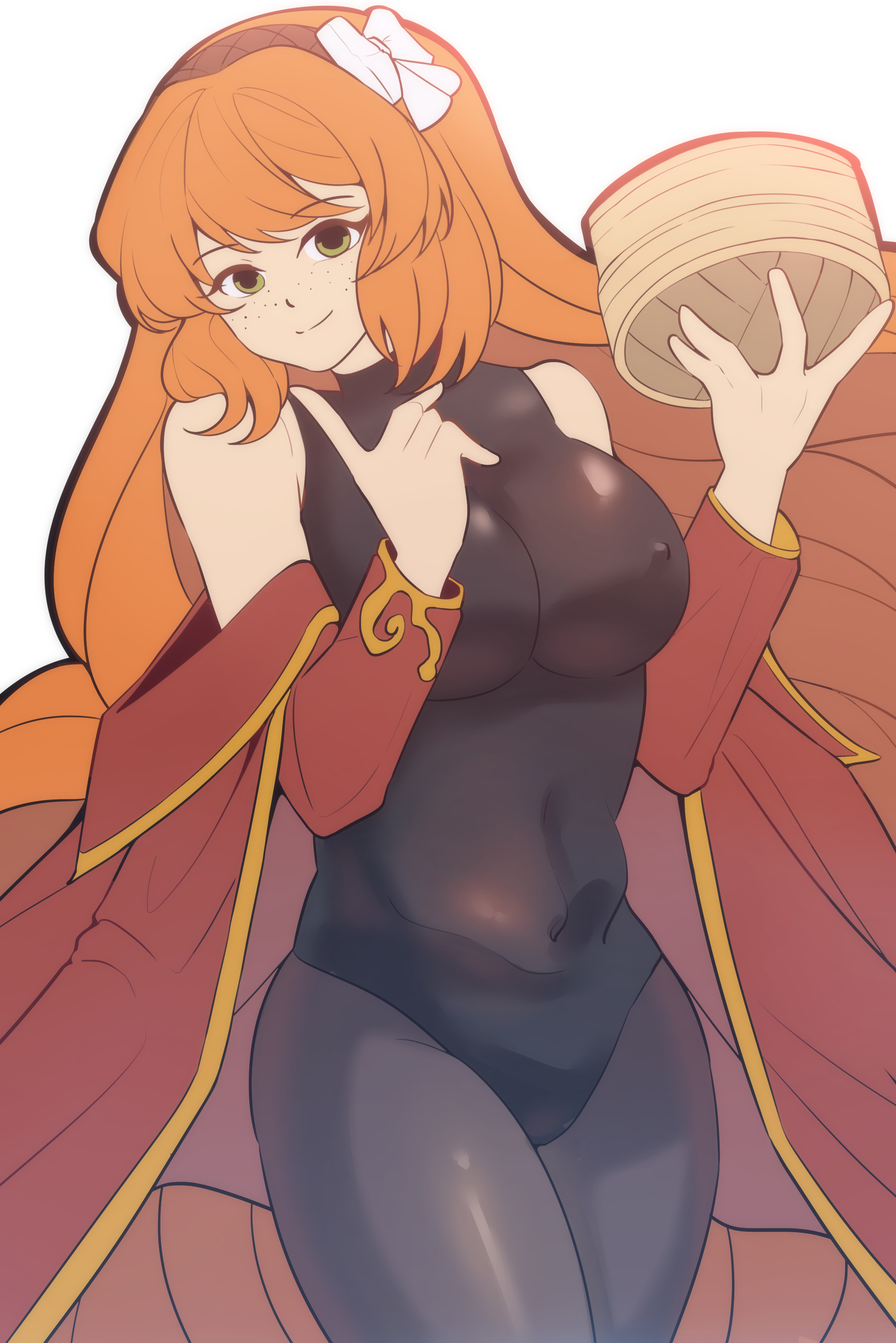 1girls, bare shoulders, big breasts, boooonta, breasts, erect nipples under clothes, female, female only, freckles, hair ribbon, hairband, holding object, ishmael (limbus company), jacket, large breasts, leggings, legwear, leotard, limbus company, long hair, looking at viewer, navel, nipple bulge, off shoulder, orange hair, project moon, red jacket, skin tight, skindentation, smile, smiling, solo, very long hair, white background, yellow eyes