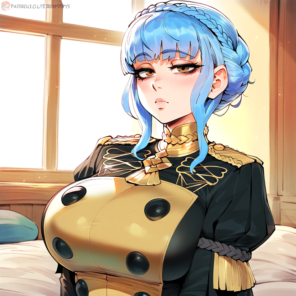 ai_generated bags_under_eyes bedroom blue_hair brown_eyes crown_braid fire_emblem:_three_houses garreg_mach_monastery_uniform indoors marianne_von_edmund novelai short_hair sidelocks zawuardo