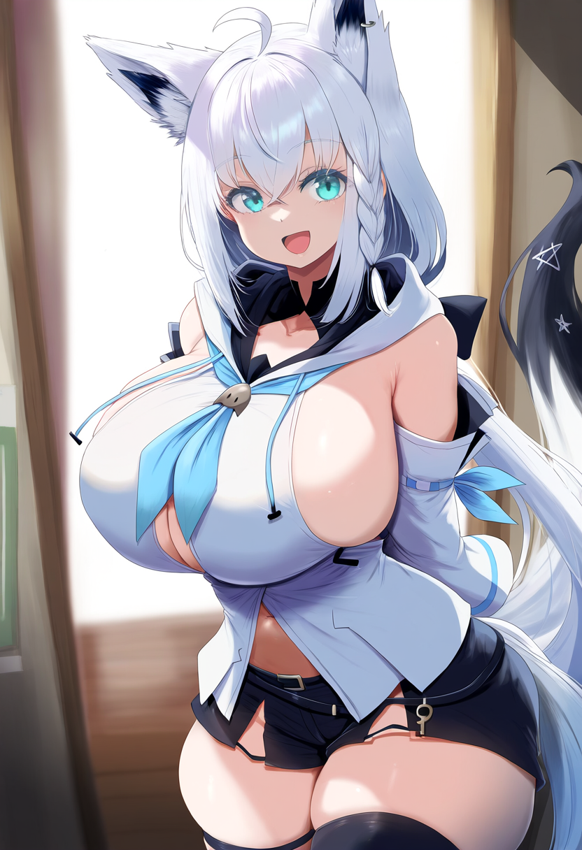 ai_generated ameanon big_breasts blue_eyes breasts center_opening cleavage cleavage_cutout female female_only fox_ears fox_girl fox_tail hololive hololive_gamers hololive_japan huge_breasts large_breasts shirakami_fubuki sideboob thick_thighs thigh_highs virtual_youtuber vtuber white_hair