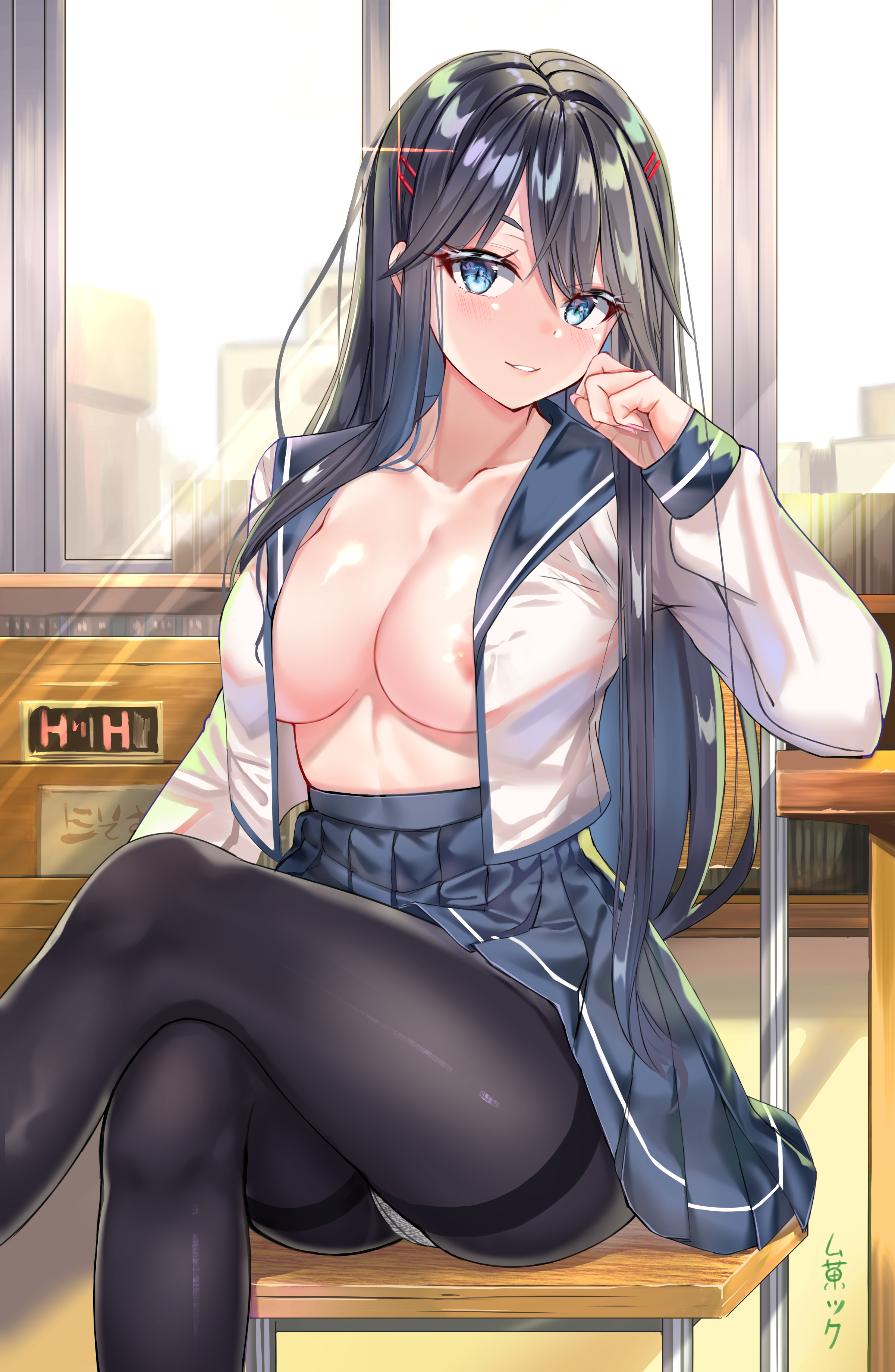 1girls, bangs, black hair, black legwear, blue eyes, blush, bow, breasts, chair, classroom, cleavage, crossed legs, desk, elbow rest, eyebrows visible through hair, female, female only, hair ornament, hairclip, large breasts, long hair, looking at viewer, mukatsukulsp, navel, open clothes, ore wo suki nano wa omae dake ka yo, pansy (oresuki), panties under pantyhose, pantsu, pantyhose, parted lips, plain background, pleated skirt, sanshokuin sumireko, school uniform, simple background, sitting, skirt, smile, solo, thighband pantyhose, underwear, very long hair, white background