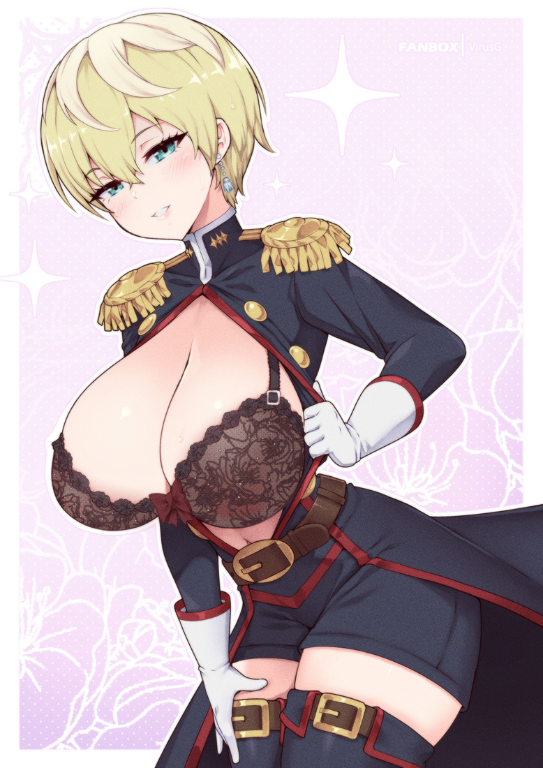 anti-demon_corps_uniform big_breasts black_bra blonde_hair blue_eyes bra cleavage earring izumo_tenka large_breasts mato_seihei_no_slave short_hair single_earring virus-g