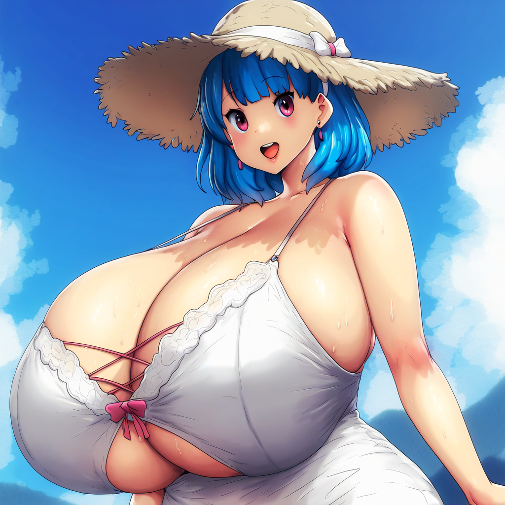 ai_generated ameanon big_breasts blue_hair breast_cutout breasts breasts_bigger_than_head cleavage gigantic_breasts huge_breasts large_breasts pink_eyes rina_atherina rina_atherina_(errorkazoo) sideboob straw_hat sundress underboob