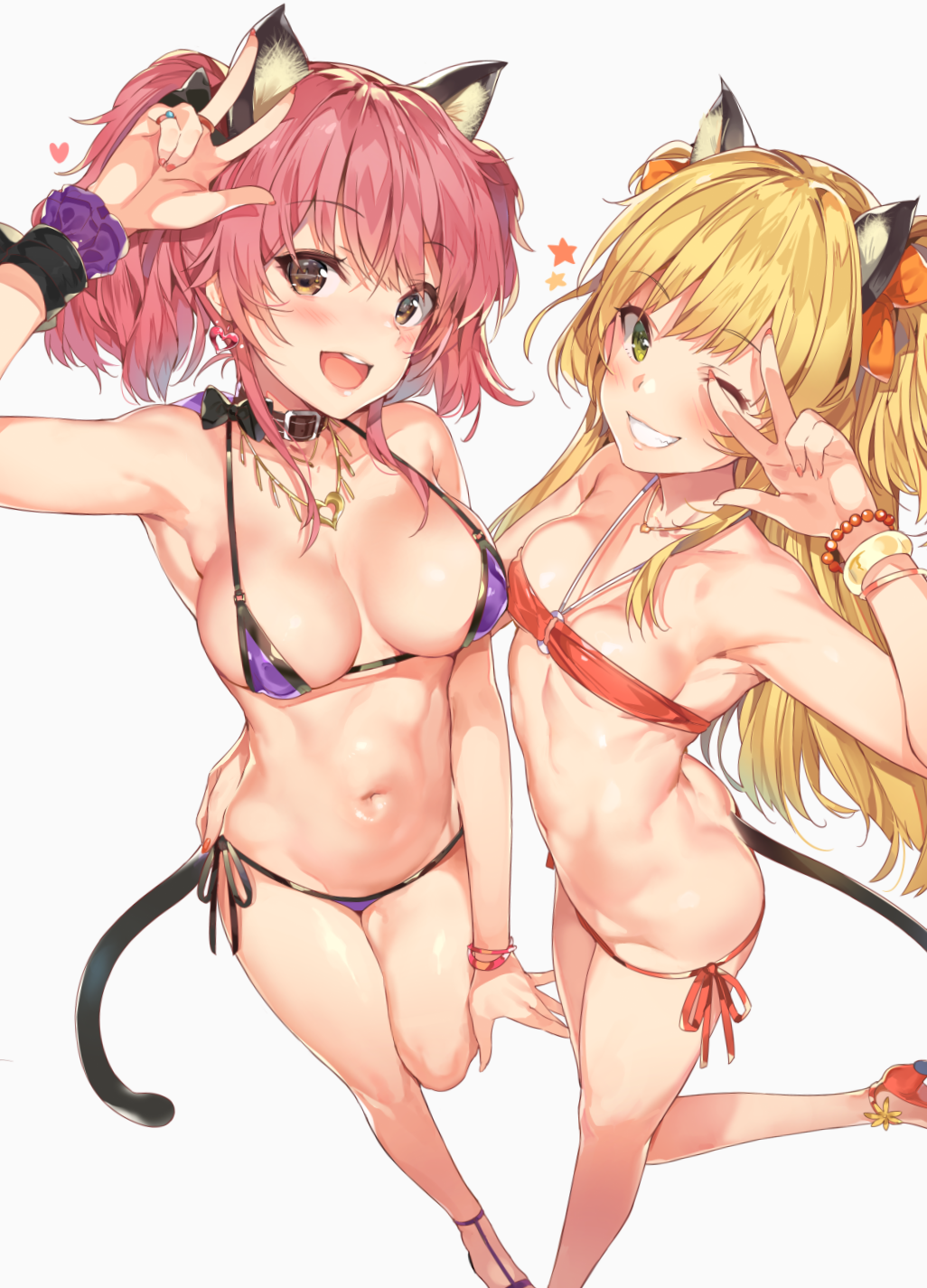 2girls :d age_difference animal_ears armpits bangle barefoot_sandals bikini blonde_hair blush bracelet breasts brown_eyes cat_tail choker clavicle cleavage clothing earrings eyebrows_visible_through_hair female female_only foreshortening full_cleavage green_eyes gyaru hand_on_another's_hip heart heart_earrings high_heels high_resolution idolmaster idolmaster_cinderella_girls in_profile jewelry jougasaki_mika jougasaki_rika kemonomimi_mode large_breasts light-skinned light-skinned_female micro_bikini mikarika multiple_girls navel necklace nekomimi no_socks one_eye_closed open_mouth pale_skin pink_hair pixiv purple_bikini red_bikini round_teeth sandals shoes siblings side-tie_bikini simple_background sisters skindentation small_breasts smile swimsuit tail teeth tied_hair twintails underboob v v_over_eye white_background yellow_eyes yuran