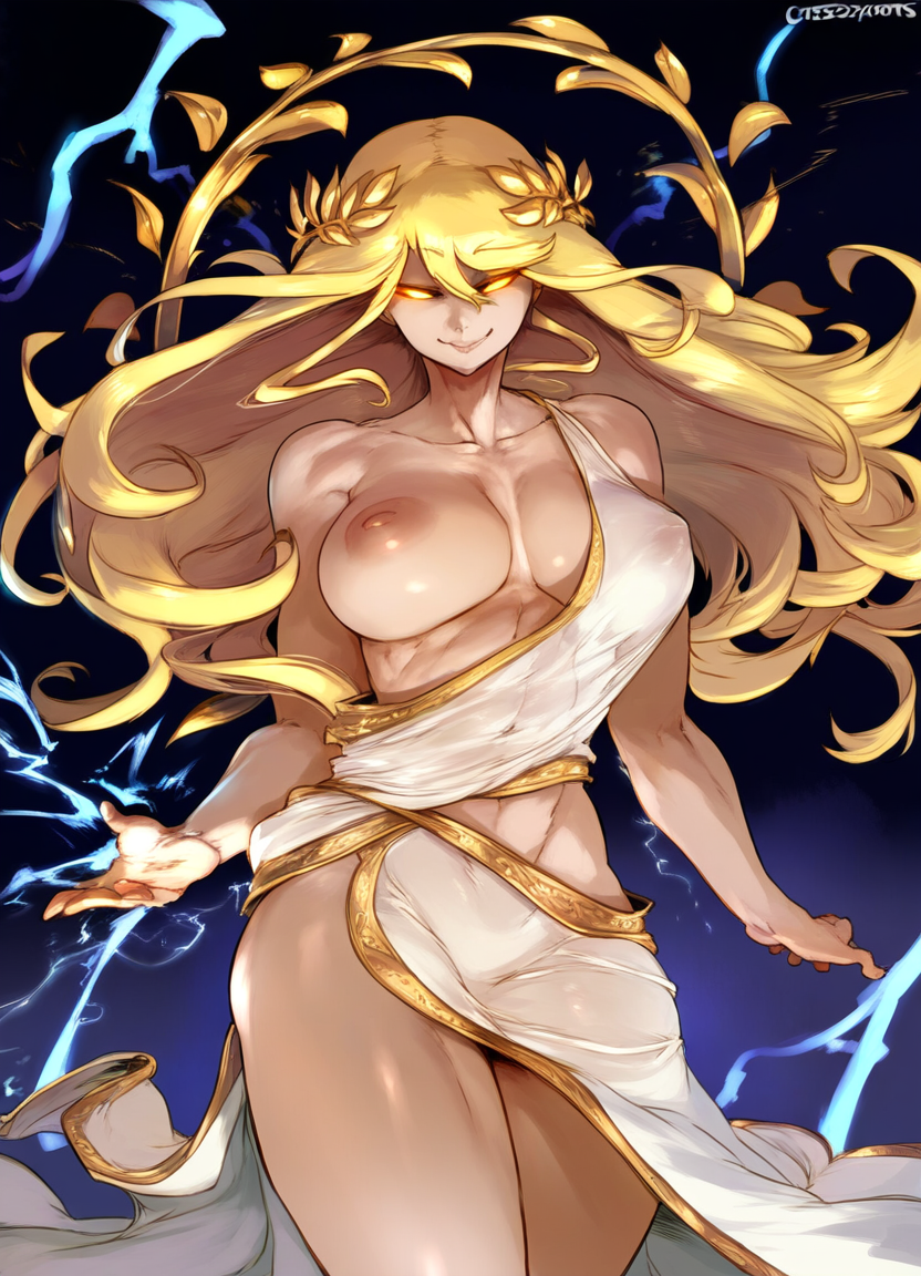 ai_generated blonde_female blonde_hair blonde_hair_female breasts breasts_out goddess greek_clothing greek_goddess greek_mythology laurel_crown rule_63 tagme toga zeus zeus_(mythology)