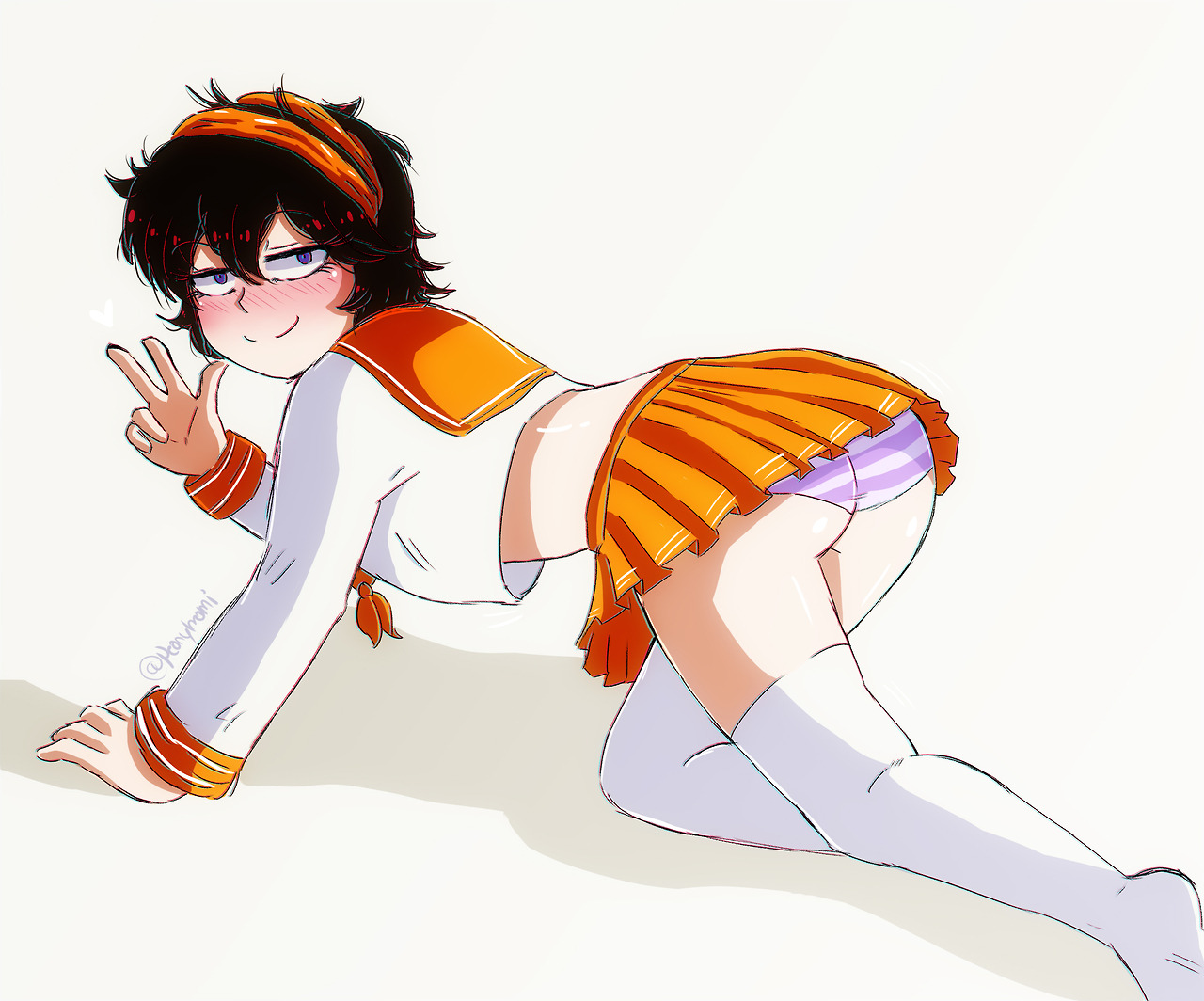 androgynous, black hair, blue eyes, crawling, crop top, femboy, feminine male, jojo's bizarre adventure, looking at viewer, male, male only, narancia ghirga, on all fours, panties, peonymami, school uniform, striped panties, tagme, thigh highs, thighhighs, trap, upskirt, vento aureo
