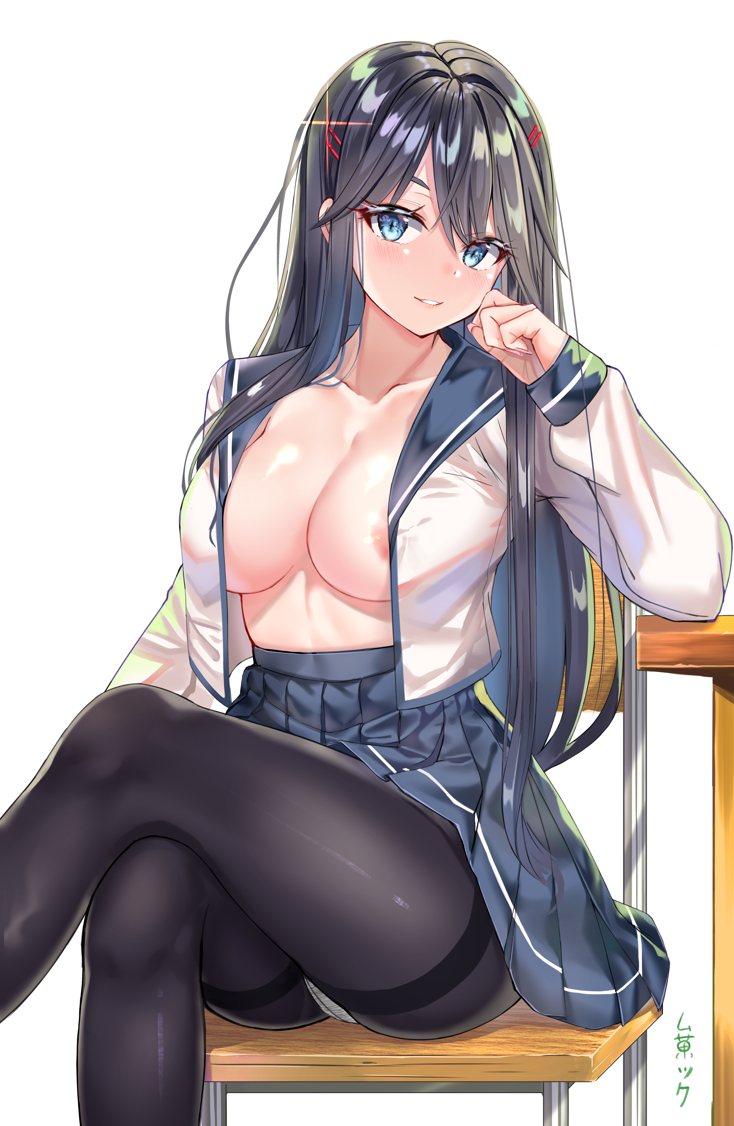 1girls, bangs, black hair, black legwear, blue eyes, blush, bow, breasts, chair, cleavage, crossed legs, desk, elbow rest, eyebrows visible through hair, female, female only, hair ornament, hairclip, large breasts, long hair, looking at viewer, mukatsukulsp, navel, open clothes, ore wo suki nano wa omae dake ka yo, pansy (oresuki), panties under pantyhose, pantsu, pantyhose, parted lips, plain background, pleated skirt, sanshokuin sumireko, school uniform, simple background, sitting, skirt, smile, solo, thighband pantyhose, underwear, very long hair, white background