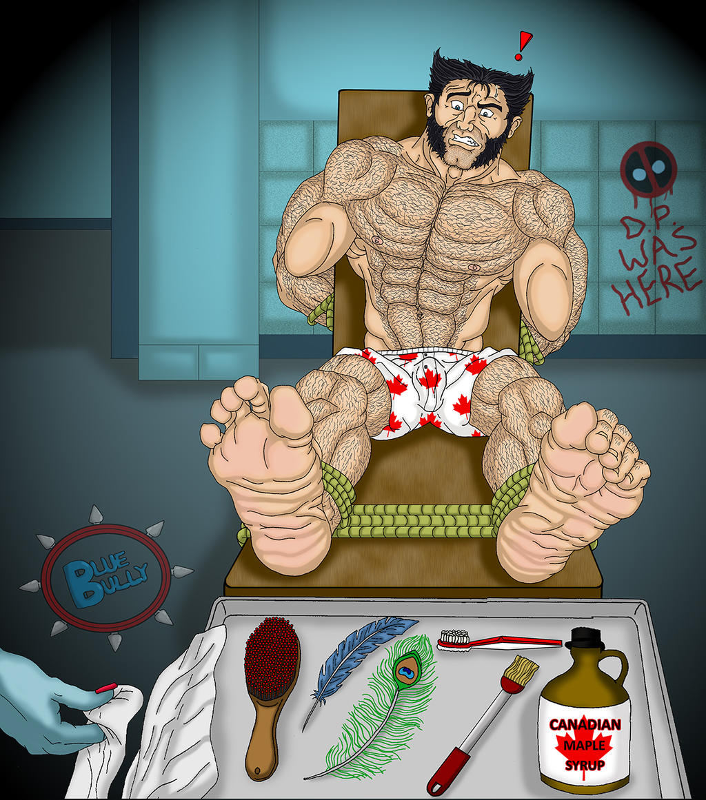 1boy1girl anticipation artist_logo barefoot bondage brush bulge canadian deadpool exclamation_point feathers feet hairbrush hairy hairy_male imminent_tickling james_howlett logan_(x-men) lovemybluebully male male_feet male_focus male_tickling maple_syrup marvel marvel_comics mystique out_of_frame out_of_frame_female rope rope_bondage ticklish toothbrush underwear underwear_only wolverine_(x-men) x-men