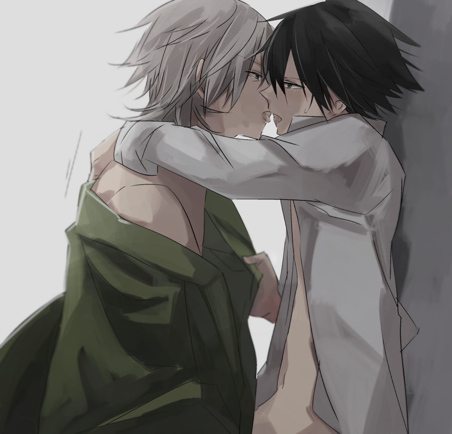 2boys aaaaaaalive black_hair blush bungo_stray_dogs eye_contact fukuzawa_yukichi gay green_kimono grey_hair japanese_clothes kissing long_sleeves male male_only medium_hair multiple_boys navel open_clothes open_shirt ranpo_edogawa removing_clothing short_hair tagme tongue yaoi