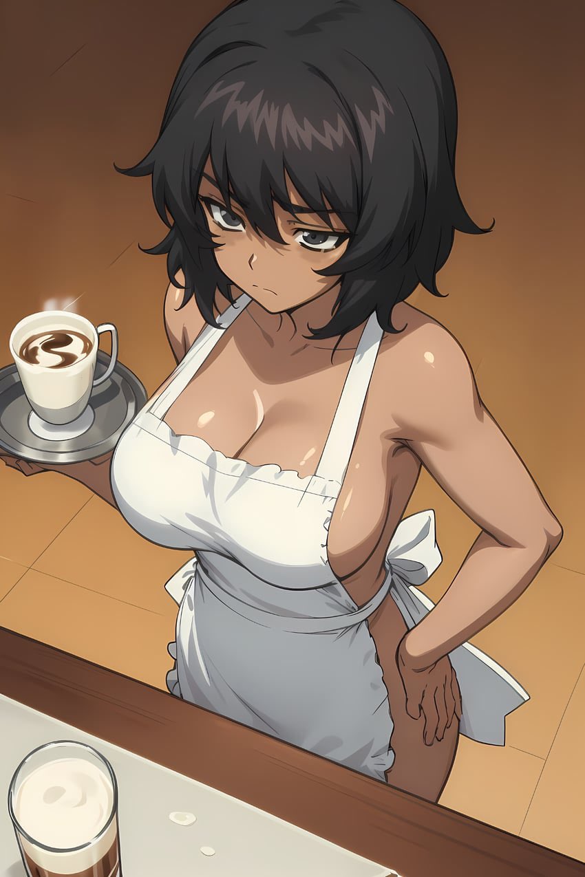 1girls ai_generated andou_(girls_und_panzer) apron big_breasts black_hair breasts busty cleavage dark-skinned_female female female_only from_above girls_und_panzer grey_eyes hand_on_hip large_breasts legs looking_at_viewer naked_apron pose posing sensual short_hair solo thick_thighs thighs voluptuous waitress