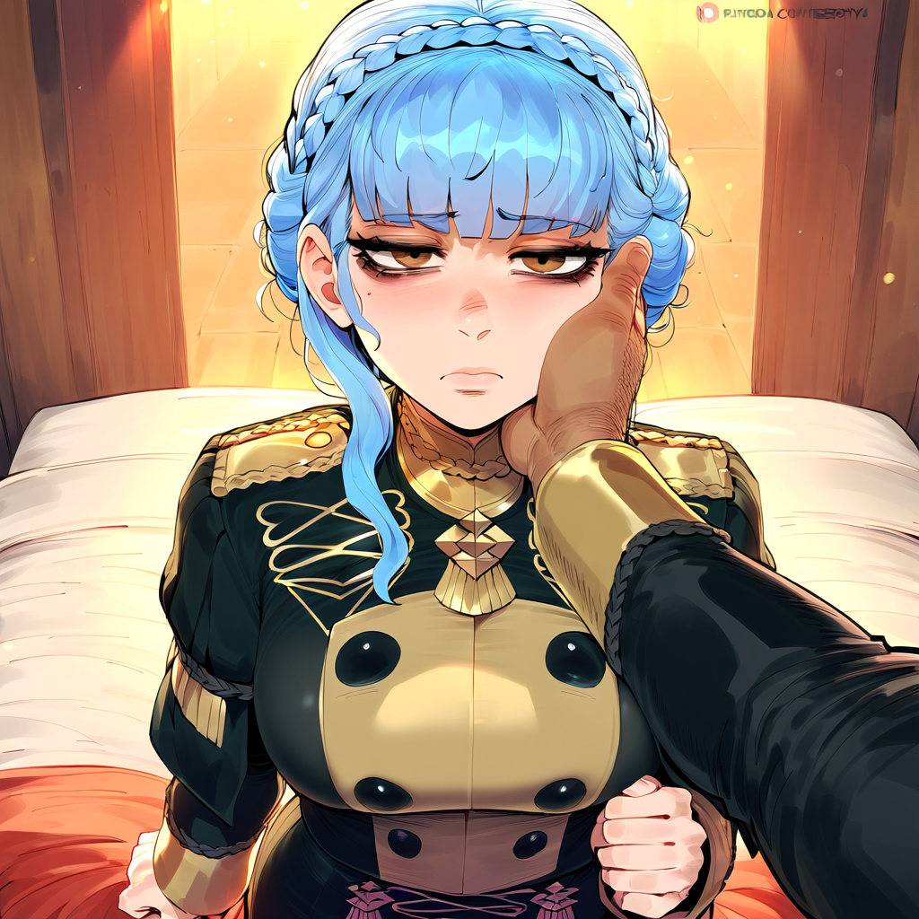 1boy 1girls ai_generated bags_under_eyes bedroom black_male blue_hair brown_eyes crown_braid cute female fire_emblem:_three_houses garreg_mach_monastery_uniform hand_on_another's_face hand_on_face indoors marianne_von_edmund novelai pov sad sidelocks slim zawuardo