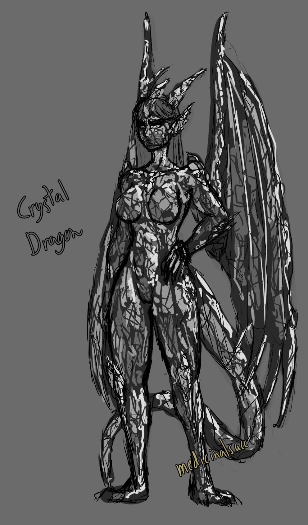 1girls 2019 anthro breasts claws crystal digital_media_(artwork) dragon female hi_res horn humanoid humanoid_pointy_ears looking_at_viewer medicinal_succ mineral_fauna monster_girl_(genre) nude pathfinder pussy simple_background sketch solo source_request text watermark wings