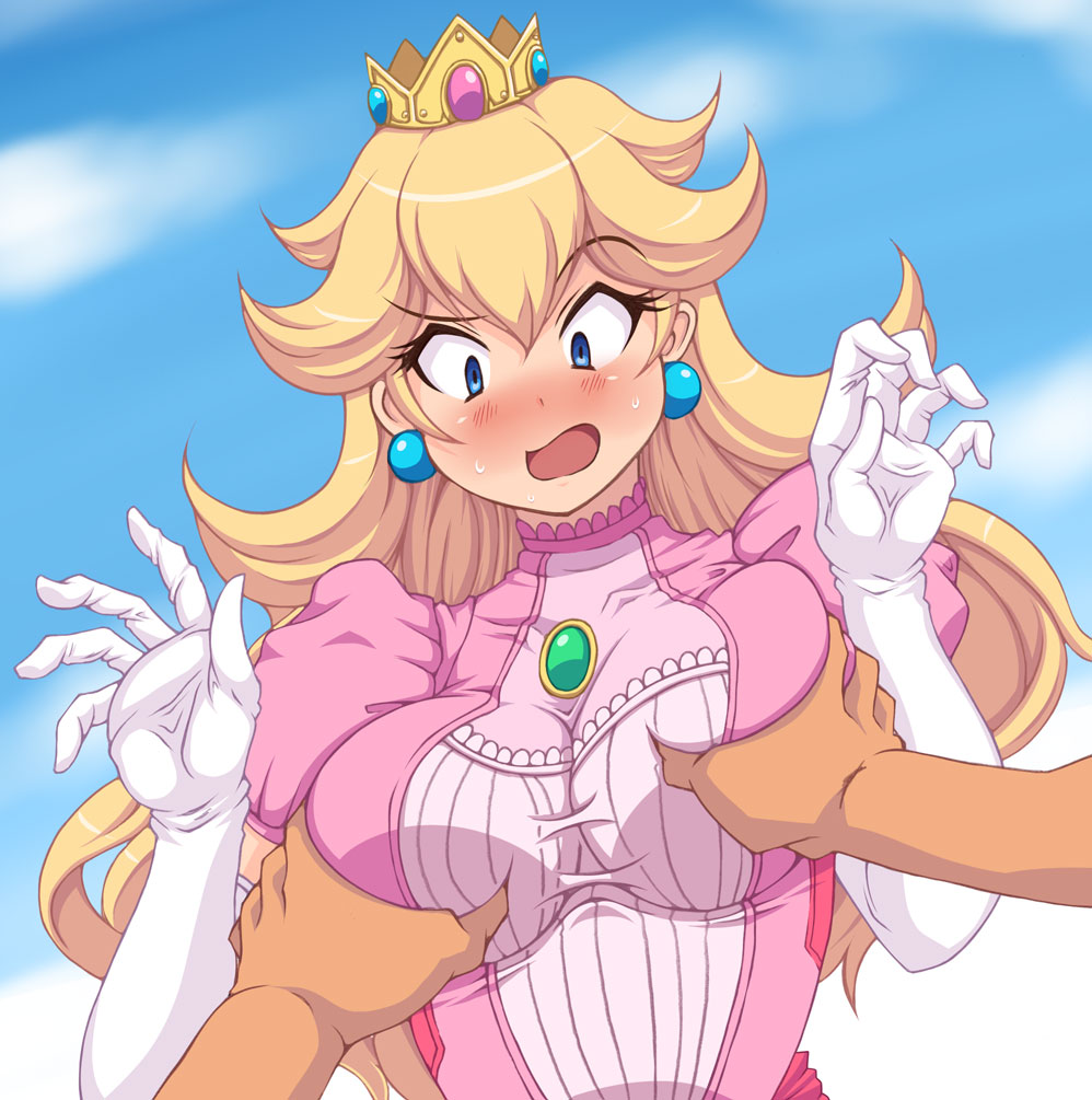 1girls 1other blonde_hair blue_eyes blush breast_grab breasts crown curvy dress earrings elbow_gloves gloves grabbing_another's_breast kihaiu long_hair mario_(series) nintendo open_mouth pink_dress plump princess_peach ribbed_sweater sweat white_gloves