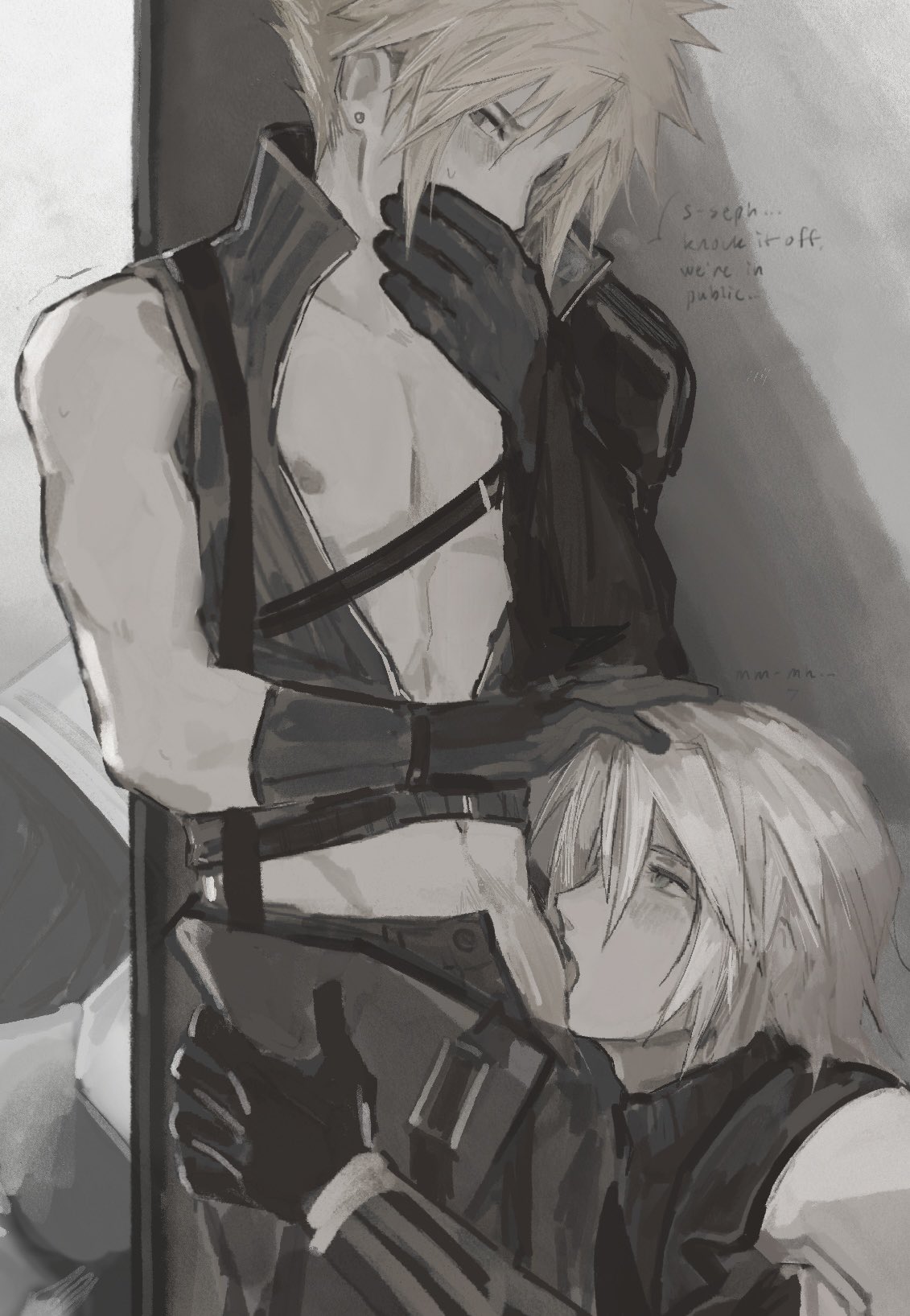 2boys 777lycan aged_down arm_armor armor asymmetrical_sleeves bare_pectorals black_gloves black_pants black_sweater black_vest blonde_hair blue_eyes blush cloud_strife covering_own_mouth earrings english_text fellatio final_fantasy final_fantasy_vii final_fantasy_vii_advent_children final_fantasy_vii_ever_crisis gloves grey_hair half-closed_eyes hand_on_another's_head hand_on_another's_waist hands_up high_collar highres indoors jewelry licking licking_penis looking_to_the_side male_focus midriff_peek multiple_boys muted_color navel nipples open_clothes open_fly open_mouth open_vest oral pants partially_unzipped pauldrons pectorals penis penis_peek sephiroth sephiroth_(young) short_hair shoulder_armor shoulder_strap single_pauldron speech_bubble spiked_hair stud_earrings sweatdrop sweater time_paradox toned toned_male tongue tongue_out turtleneck turtleneck_sweater upper_body vest waist_cape yaoi