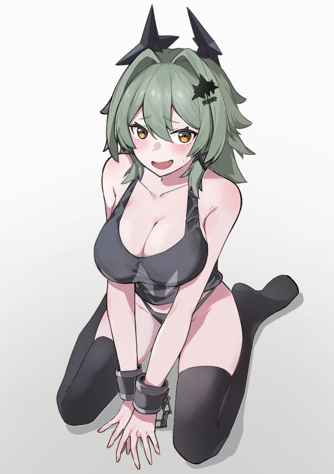 black panties, black shirt, black thighhighs, blush, bondage, breasts, brown eyes, caesar king, cleavage, collarbone, cuffs, female, full body, furrowed brow, green hair, grey background, hair between eyes, handcuffs, highres, large breasts, looking at viewer, no pants, no shoes, open mouth, panties, shadow, shirt, sidelocks, simple background, sleeveless, sleeveless shirt, smile, soles, solo, sweatdrop, thighhighs, underwear, zenless zone zero
