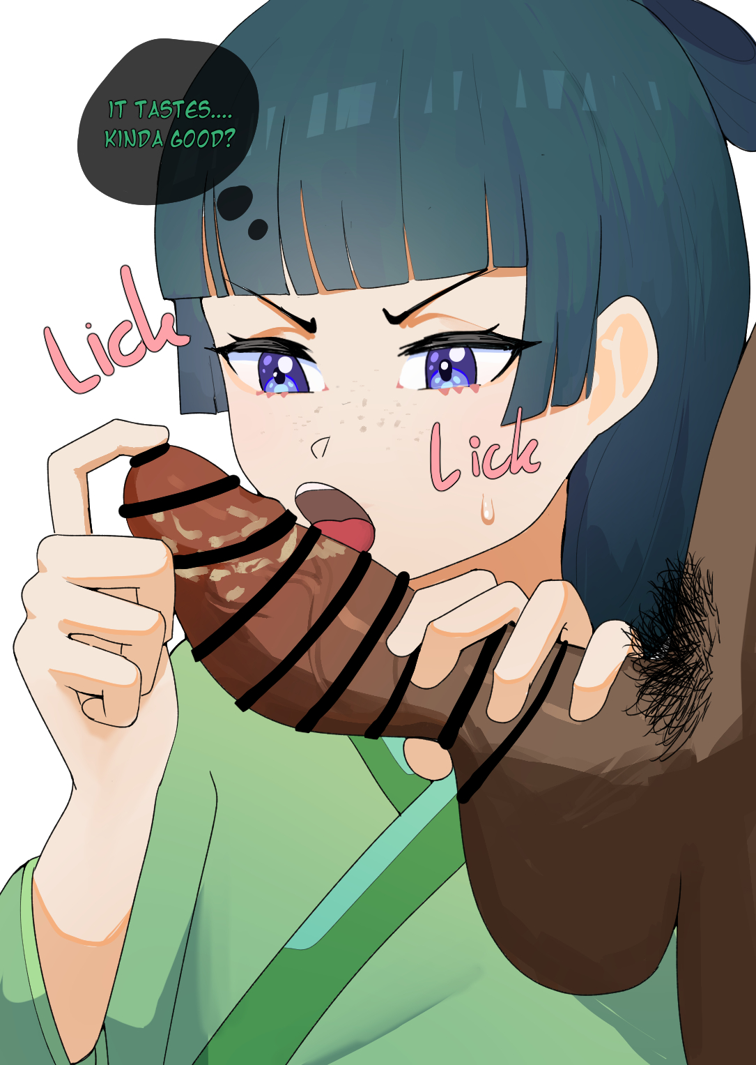 1girls, blue eyes, censored, dark hair, dark skin, dark-skinned male, english text, female, interracial, kusuriya no hitorigoto, light skin, light-skinned female, looking at penis, male, maomao (kusuriya no hitorigoto), open mouth, penis, smegma, sole female, text, yellow glasses (lewd glasses)