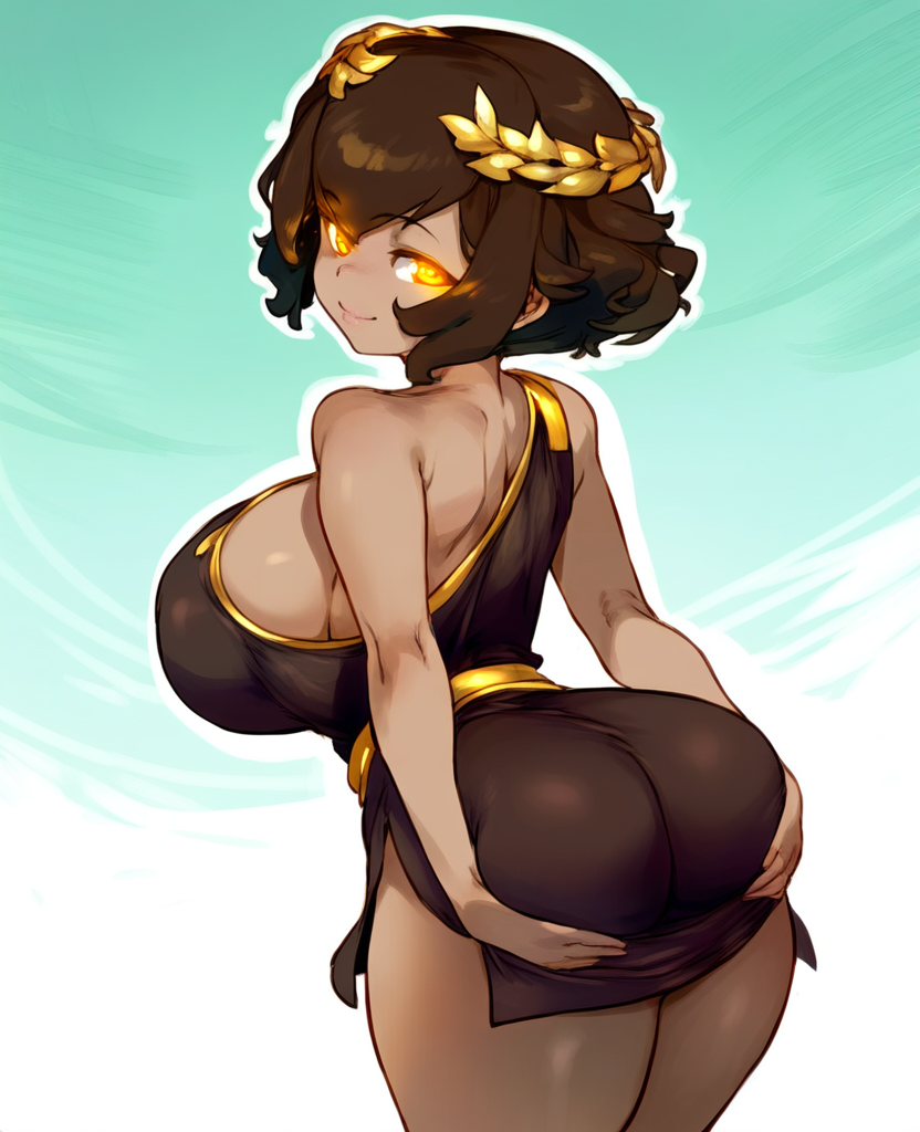 ai_generated ass big_ass big_breasts breasts brown_hair emperor_lee goddess greek_clothing greek_goddess greek_mythology hestia_(greek_mythology) large_ass large_breasts laurel_crown looking_at_viewer looking_back toga