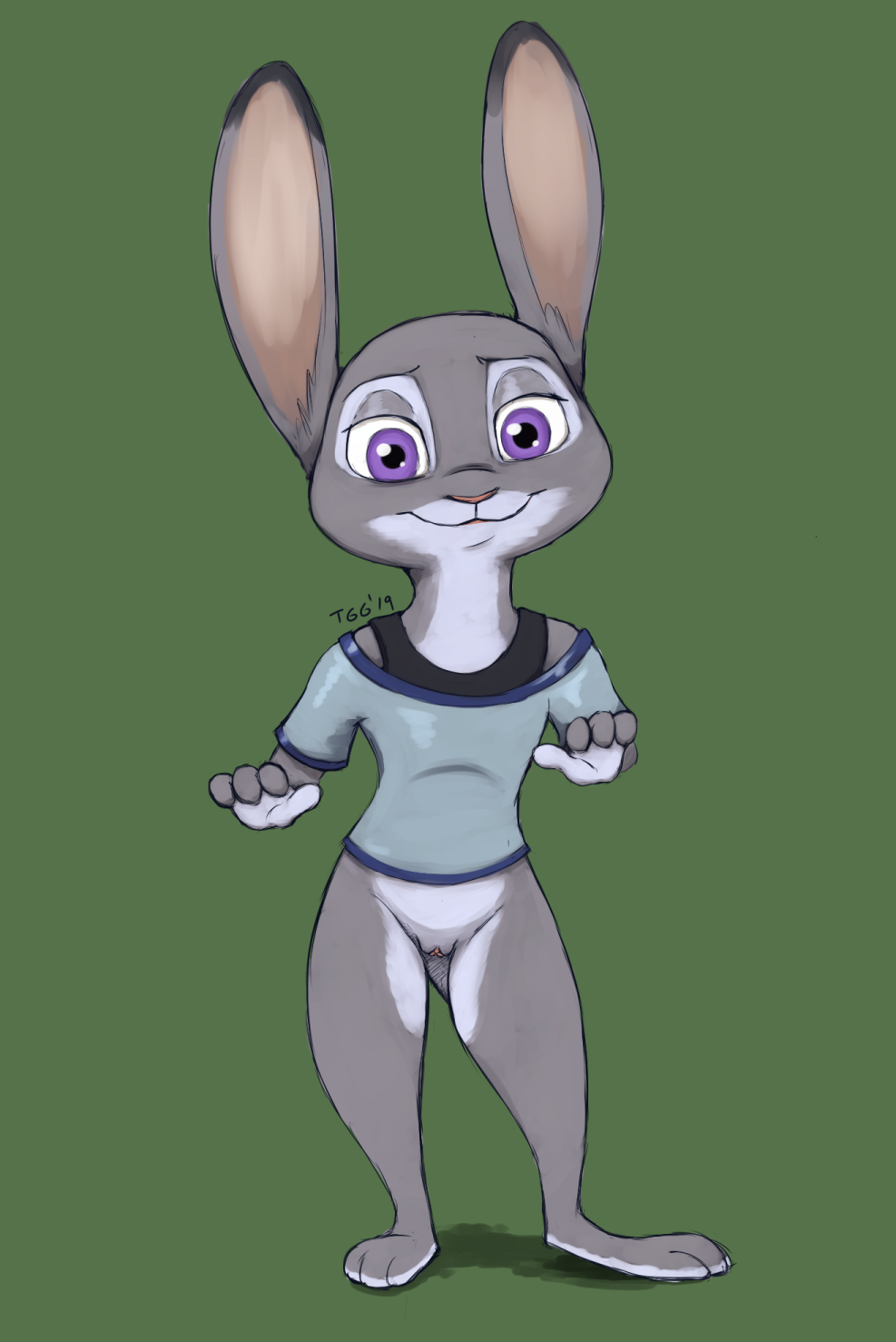 2019 anthro barefoot bottomless clothed clothing digital_media_(artwork) dipstick_ears disney female full-length_portrait fur green_background grey_body grey_fur half-closed_eyes happy hi_res judy_hopps lagomorph leporid looking_at_viewer mammal multicolored_body multicolored_ears multicolored_fur pink_nose portrait pose purple_eyes pussy rabbit shirt signature simple_background smile solo standing tggeko topwear white_body white_fur zootopia