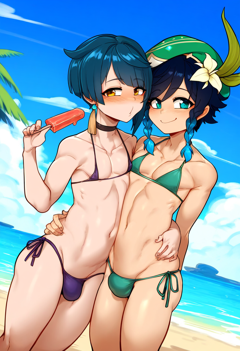 2boys 2femboys ai_generated amber_eyes artist_request ass beach big_ass big_butt big_thighs bikini blue_hair blush braid braided_hair bulge cute_bois dark_blue_hair embrace femboy femboy_only genshin_impact girly girly_boy green_eyes hand_on_hip huge_thighs large_thighs looking_at_viewer looking_back male male_only micro_bikini navel navy_blue_hair otoko_no_ko otokonoko popsicle swimsuit thick_thighs thighs tonikaku trap venti_(genshin_impact) voluptuous wide_hips xingqiu_(genshin_impact)