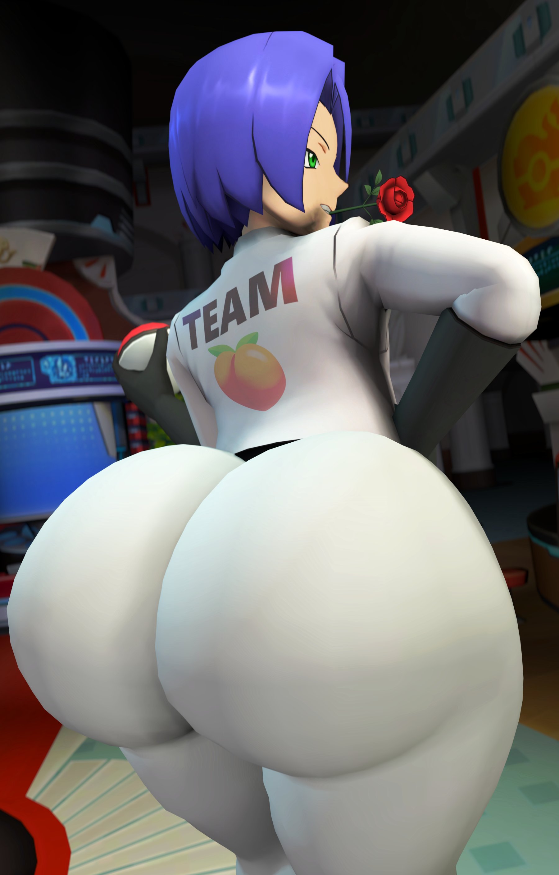 1boy, 1femboy, 3d, ass, big ass, big ass (male), big butt, blue hair, bottom heavy, bottom heavy femboy, bottom heavy male, clothed, clothed male, femboy, femboy only, fully clothed, giant ass, green eyes, huge ass, huge butt, james (pokemon), male, male only, nintendo, non-nude, pokemon, pokemon (anime), rear view, rose (flower), sfm, solo, source filmmaker, thordersfm, voluptuous, voluptuous femboy, voluptuous male, white clothing