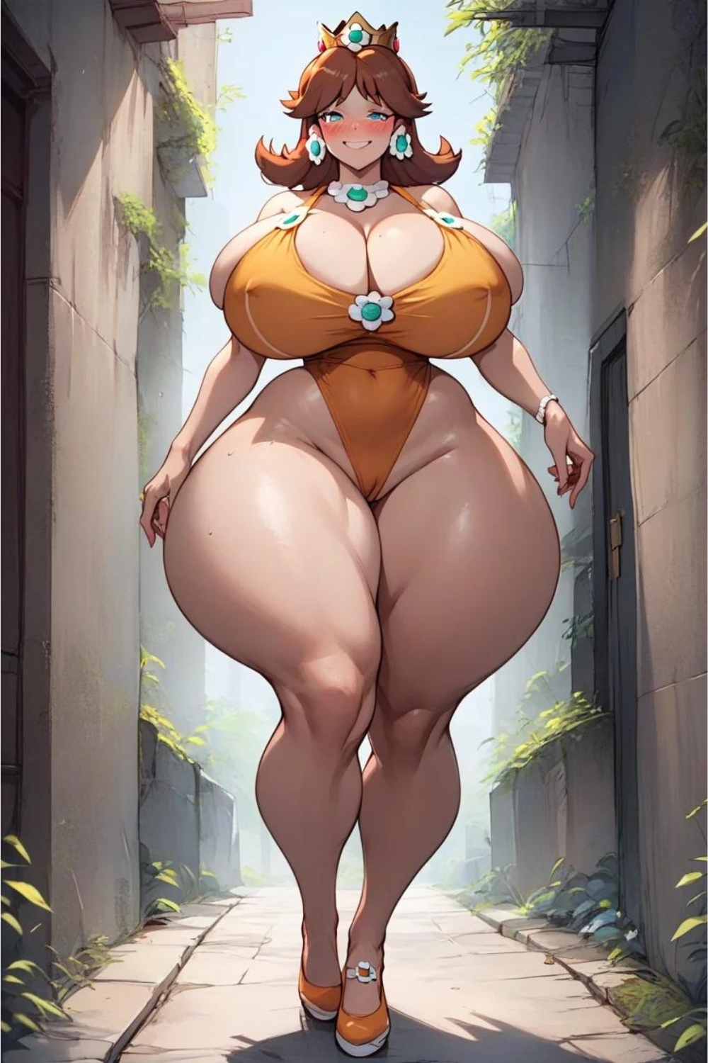 1boy 1boy1girl 1girls ai_generated ass big_ass big_breasts breasts breasts curvy_female curvy_figure female_focus gigantic_ass gigantic_breasts hi_res huge_breasts looking_at_viewer mario_(series) pale-skinned_female princess princess_daisy queen royalty solo solo_female sweat sweating