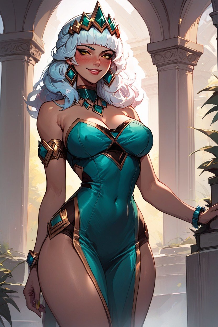 1female 1girls ai_generated blush league_of_legends qiyana_yunalai riot_games smile standing white_hair wide_hips