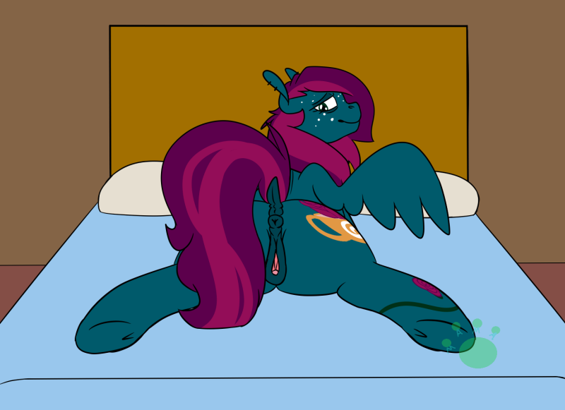 2019 anus ass bed cutie_mark digital_media_(artwork) equid equine fan_character feathered_wings feathers female feral furniture green_eyes hair horse jaded_rose looking_at_viewer looking_back mamas_art mammal multicolored_hair my_little_pony pony pussy smile tattoo underhoof wings