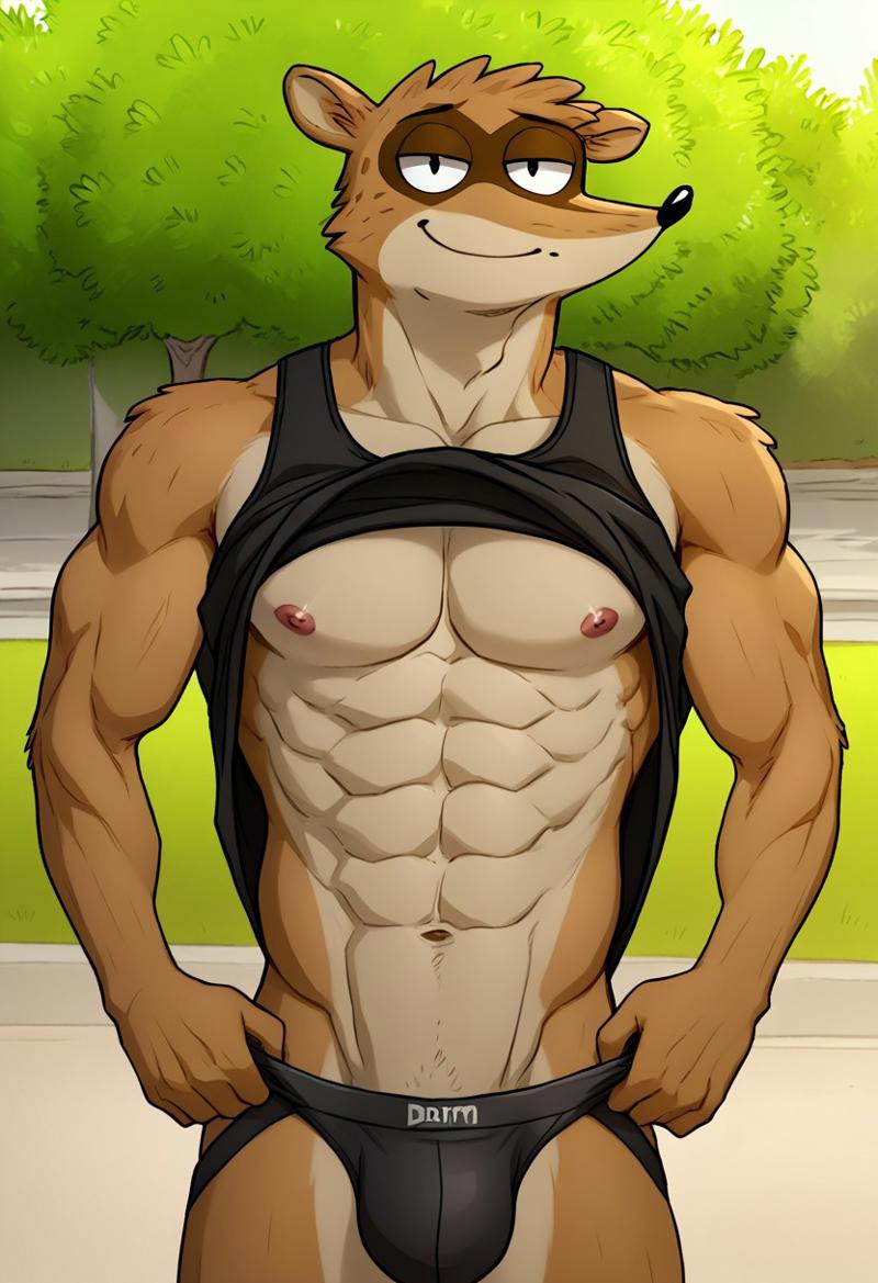 abs ai_generated anthro anthro_male biceps blush brown_hair cartoon_network furry gay jockstrap jockstrap_only looking_at_viewer male male_only muscular muscular_male nipples nude_male pecs raccoon regular_show rigby_(regular_show) smile toned_body toned_male twall97