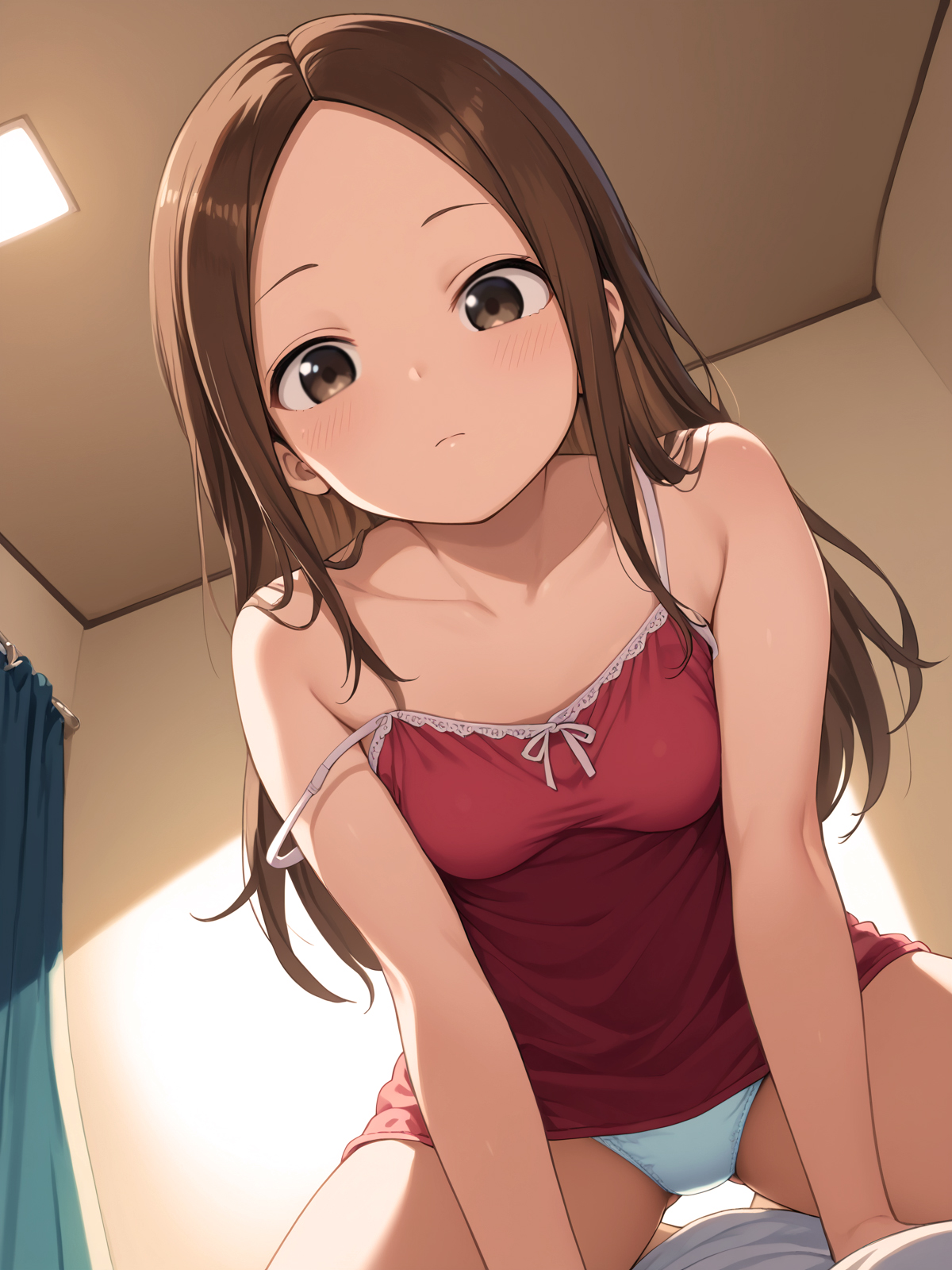 ai assisted, ai generated, bare arms, bare legs, bare shoulders, bare thighs, blush, breasts, brown eyes, brown hair, closed mouth, collarbone, female, indoors, karakai jouzu no takagi-san, long hair, medium breasts, nightgown, on bed, panties, sakura locked, spread legs, strap slip, takagi-san, thighs, white panties