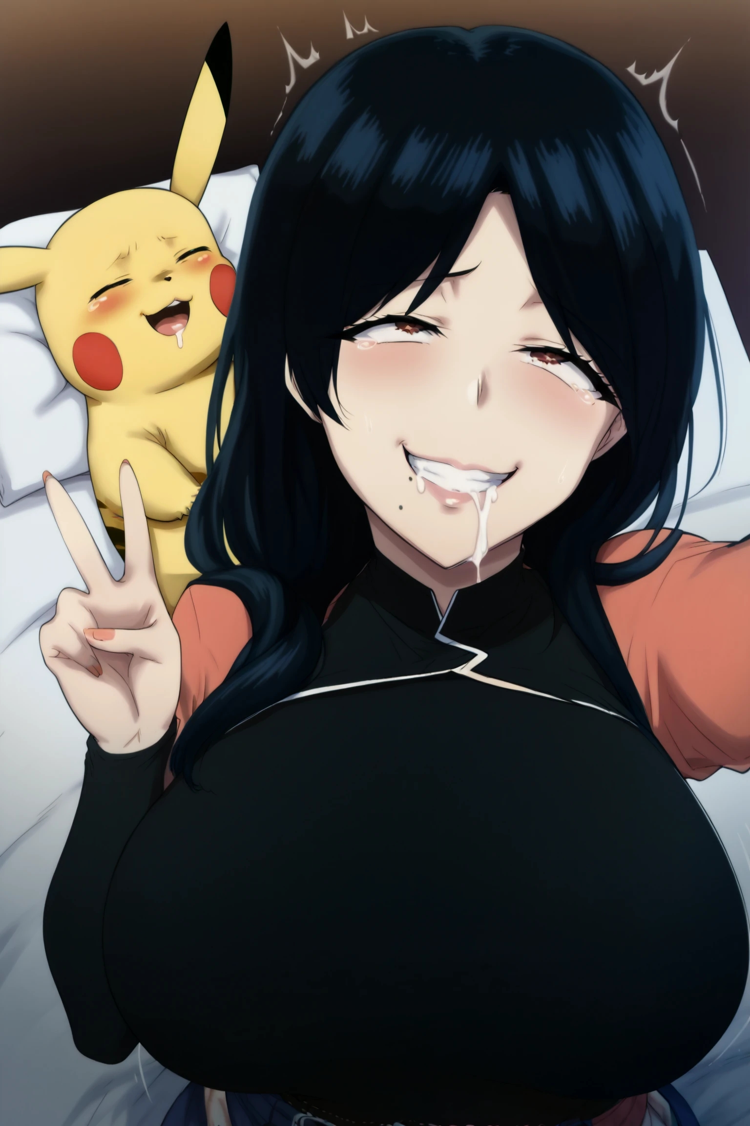ai generated, black hair, cum in mouth, female, interspecies, long hair, male, male pokemon/female human, pikachu, pokemon, pokemon trainer, pokephilia, saliva, sleeping, zoophilia