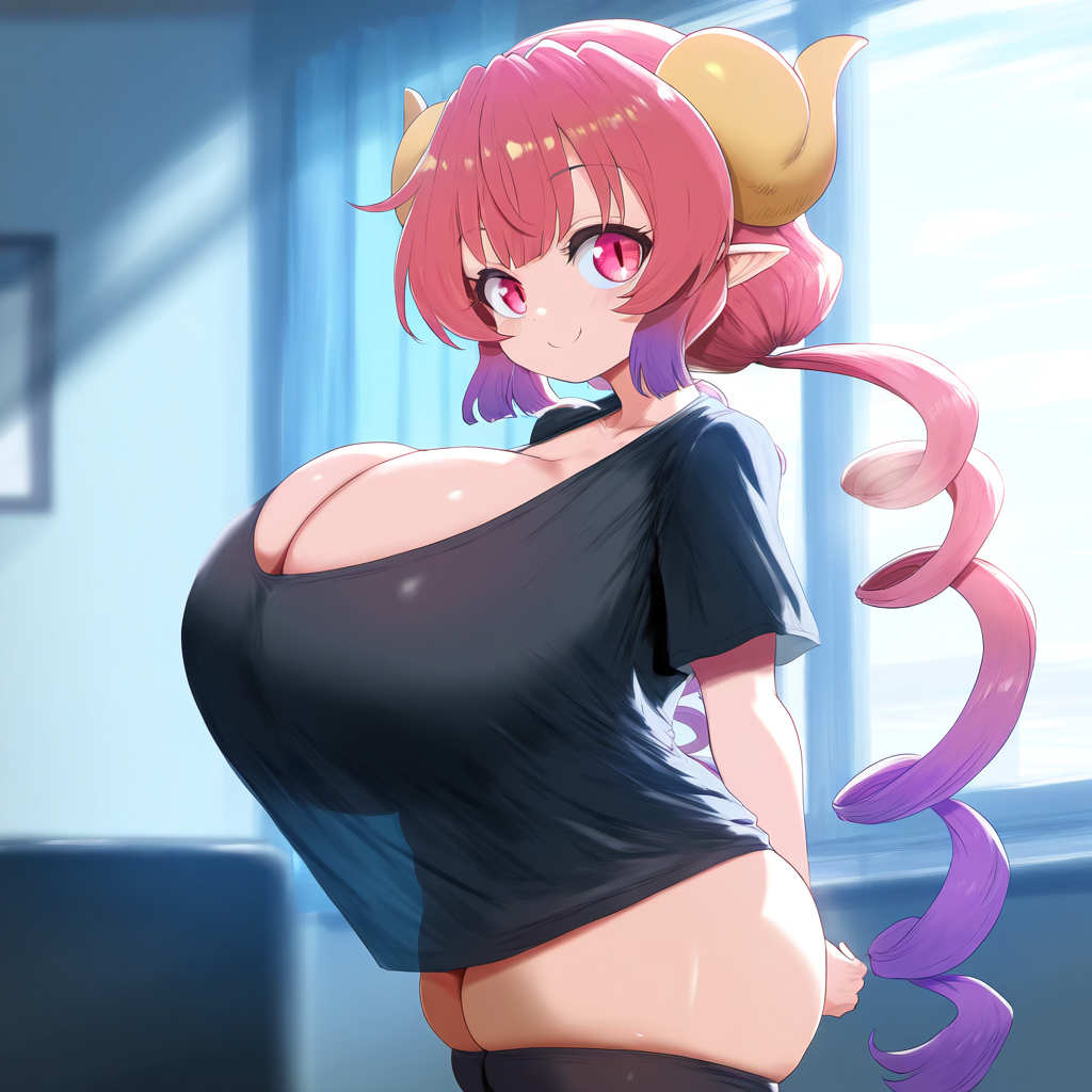 ai generated, ameanon, big breasts, breasts, breasts bigger than head, female, gigantic breasts, horns, huge breasts, ilulu (dragon maid), large breasts, miss kobayashi's dragon maid, pink eyes, pink hair, pointy ears, shortstack, t-shirt, thick thighs, thighhighs