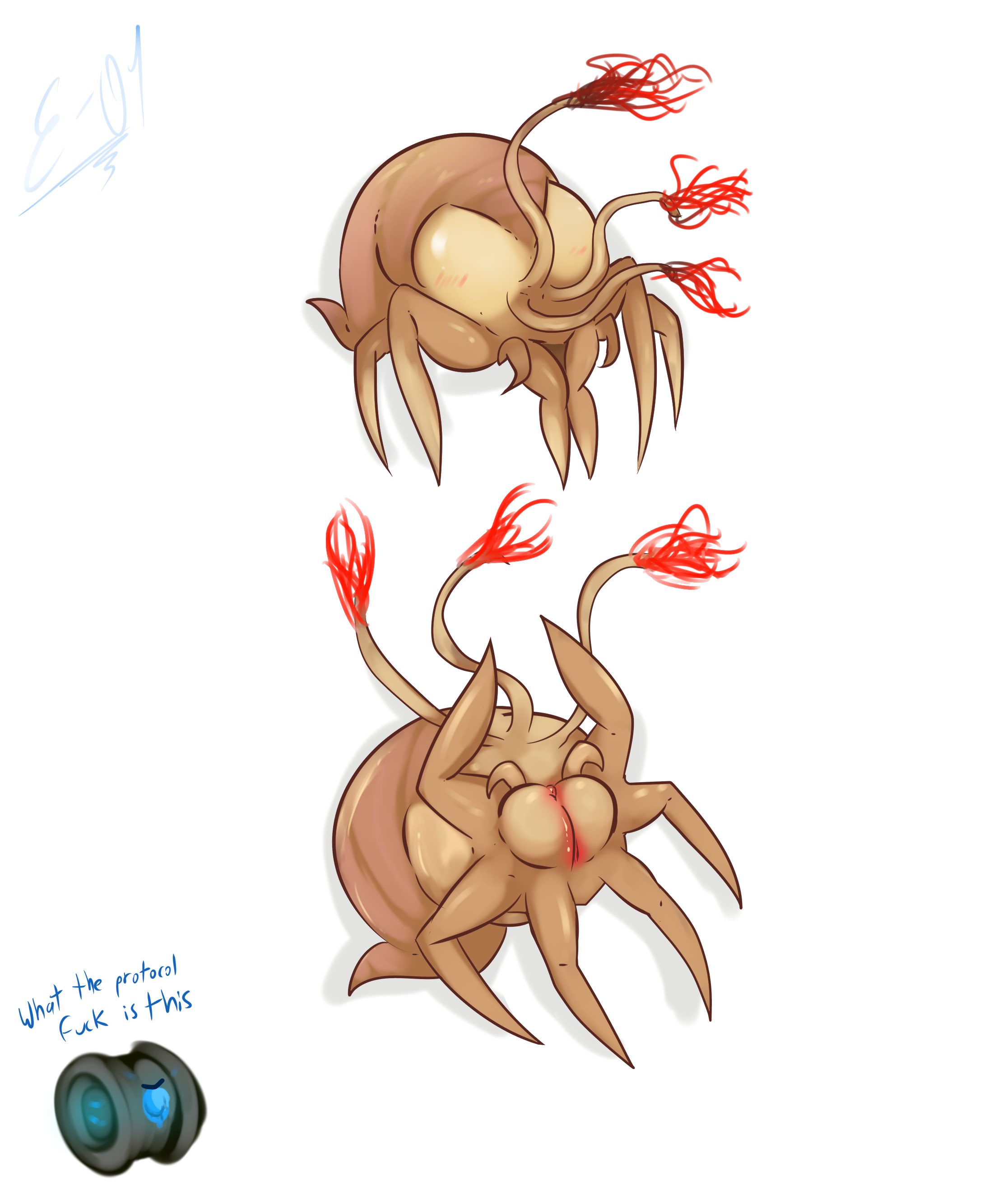 1girls, 2019, 343 guilty spark, absurd res, alien, angry, blush, brown body, brown skin, claws, clitoris, dialogue, digital media (artwork), e-01, english text, female, halo (series), hi res, jackalsankh, lanhar vids, machine, microsoft, nightmare waifu, nude, parasite, pussy, red pussy, robot, solo, space popcorn, tentacle, text, the flood, video games, what, xbox game studios