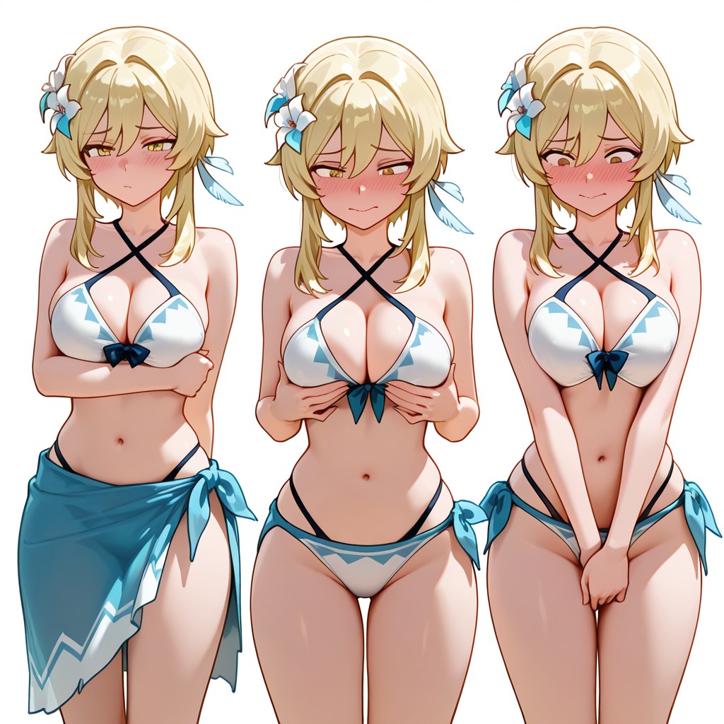 1girls, ai generated, big breasts, breasts, female, female only, genshin impact, hot spring, light-skinned female, lumine (genshin impact), solo, tagme